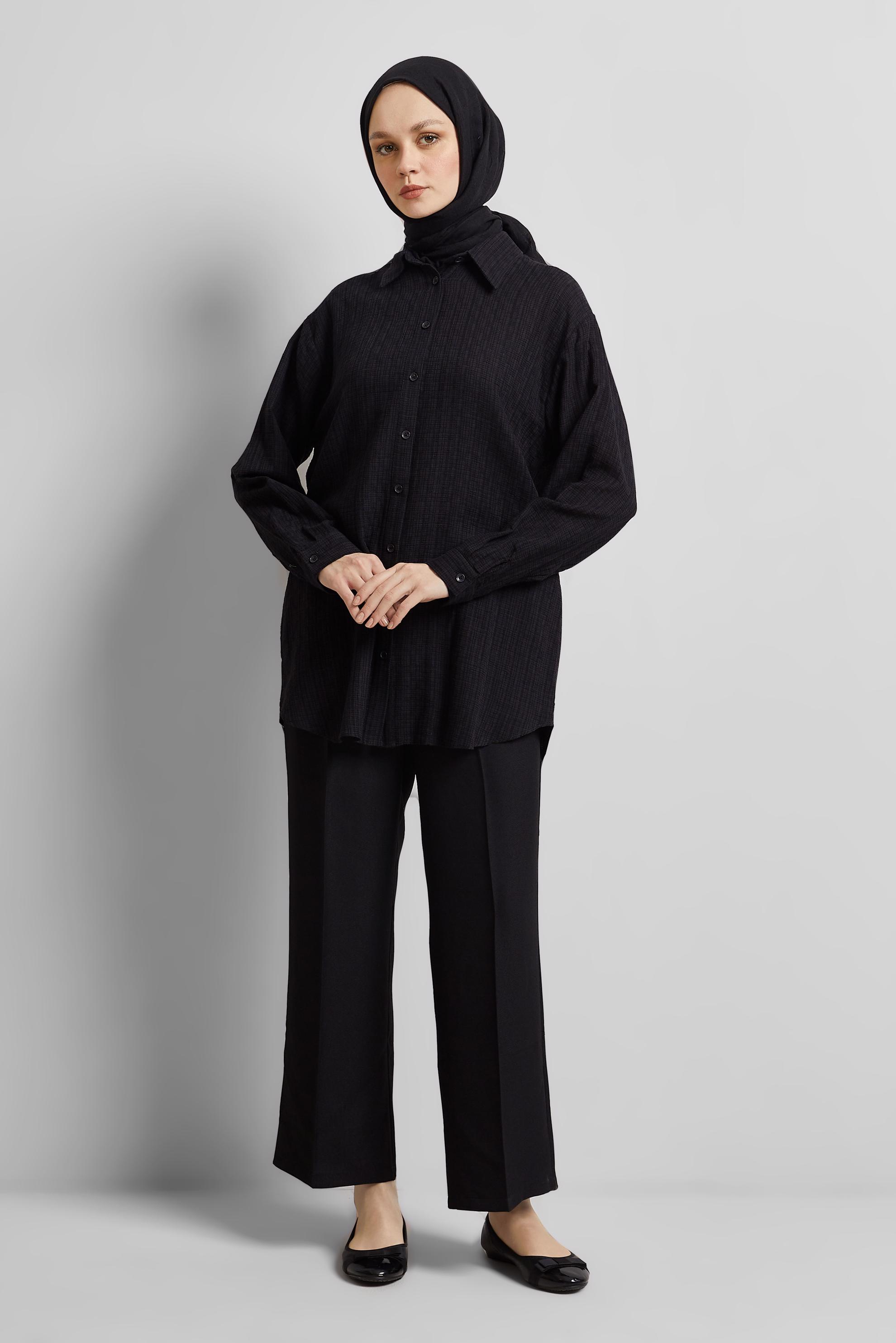 Tesettür giyim SİYAH GÖMLEK YAKA TUNİK 44818