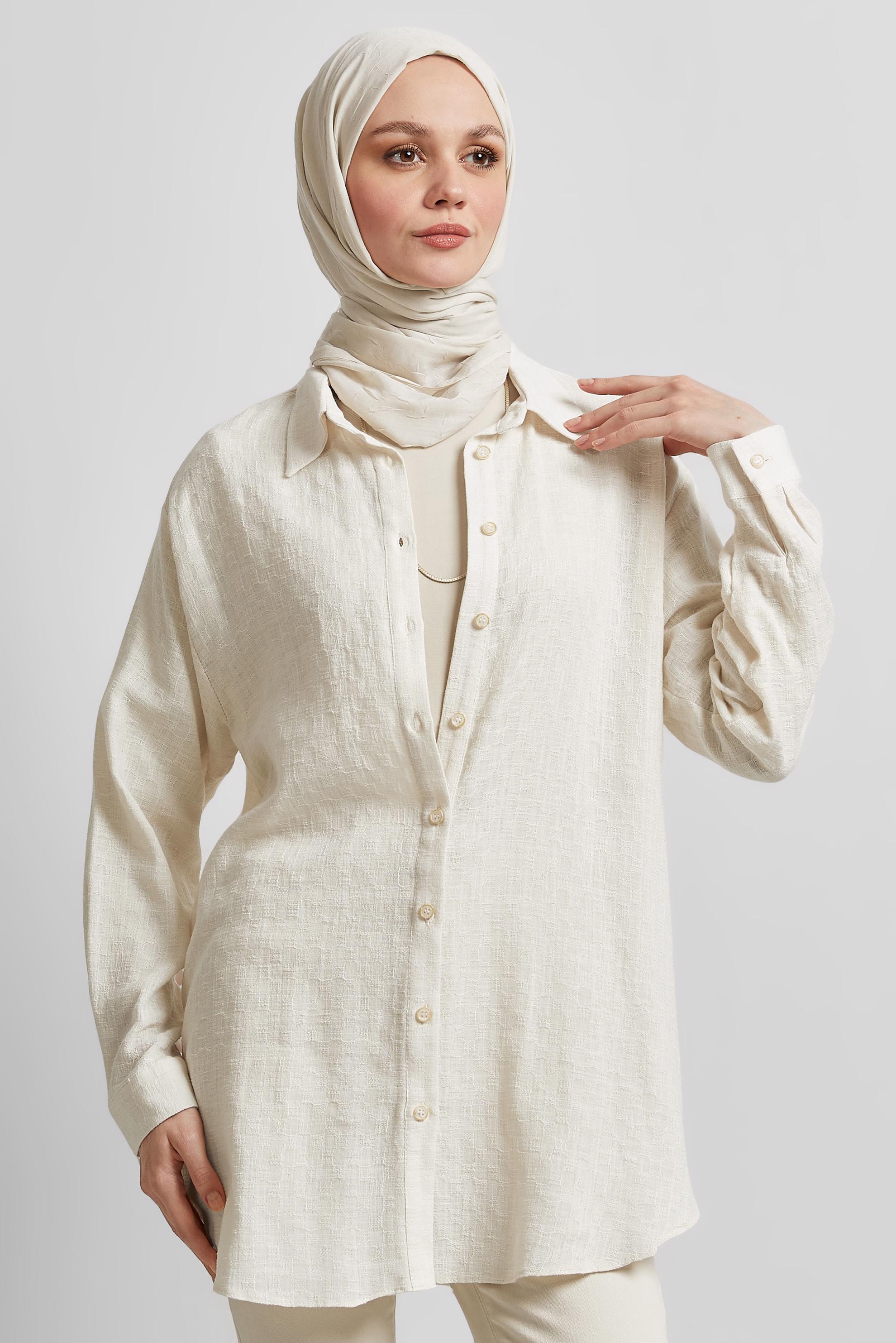 Tesettür giyim EKRU GÖMLEK YAKA TUNİK 44818