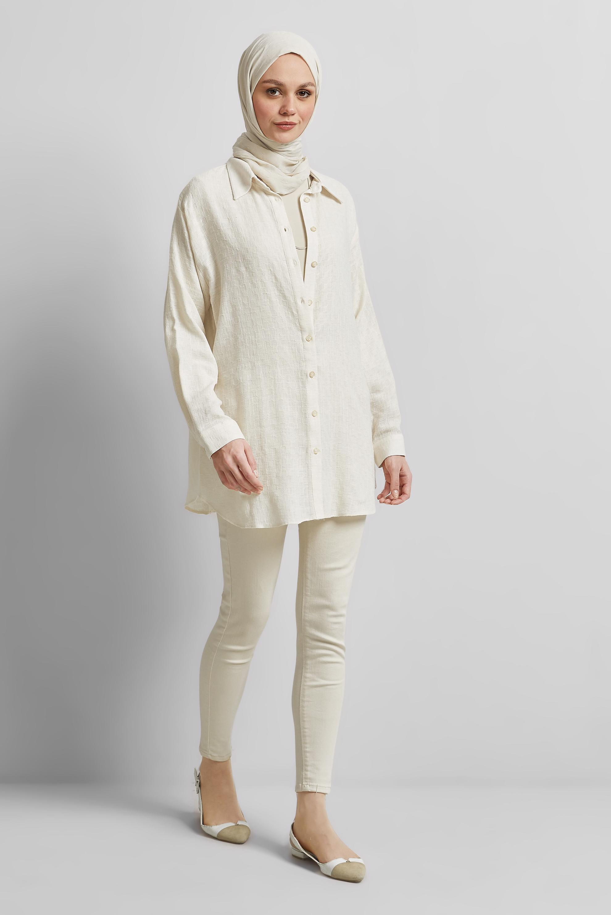 Tesettür giyim EKRU GÖMLEK YAKA TUNİK 44818