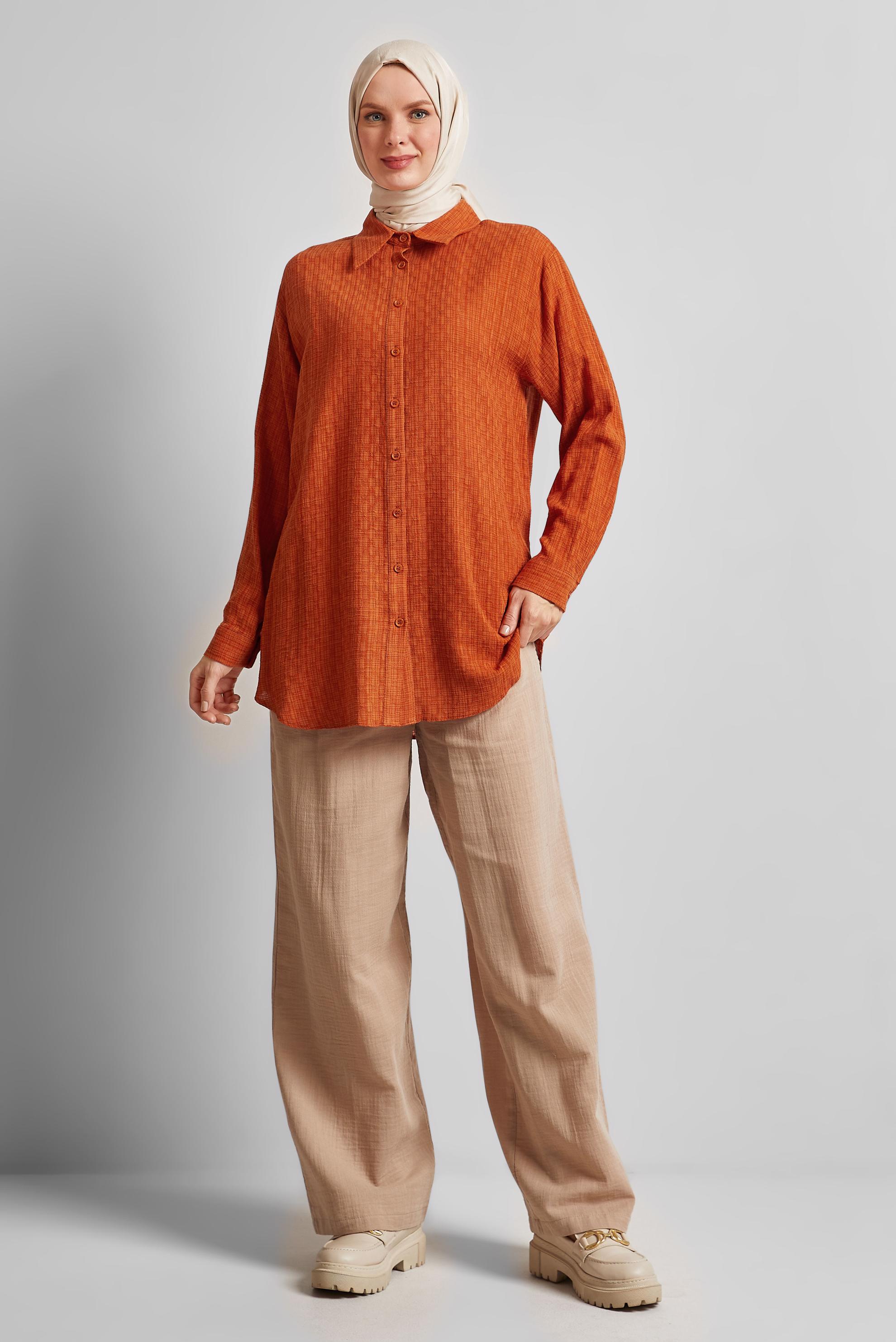 Tesettür giyim TURUNCU GÖMLEK YAKA TUNİK 44818