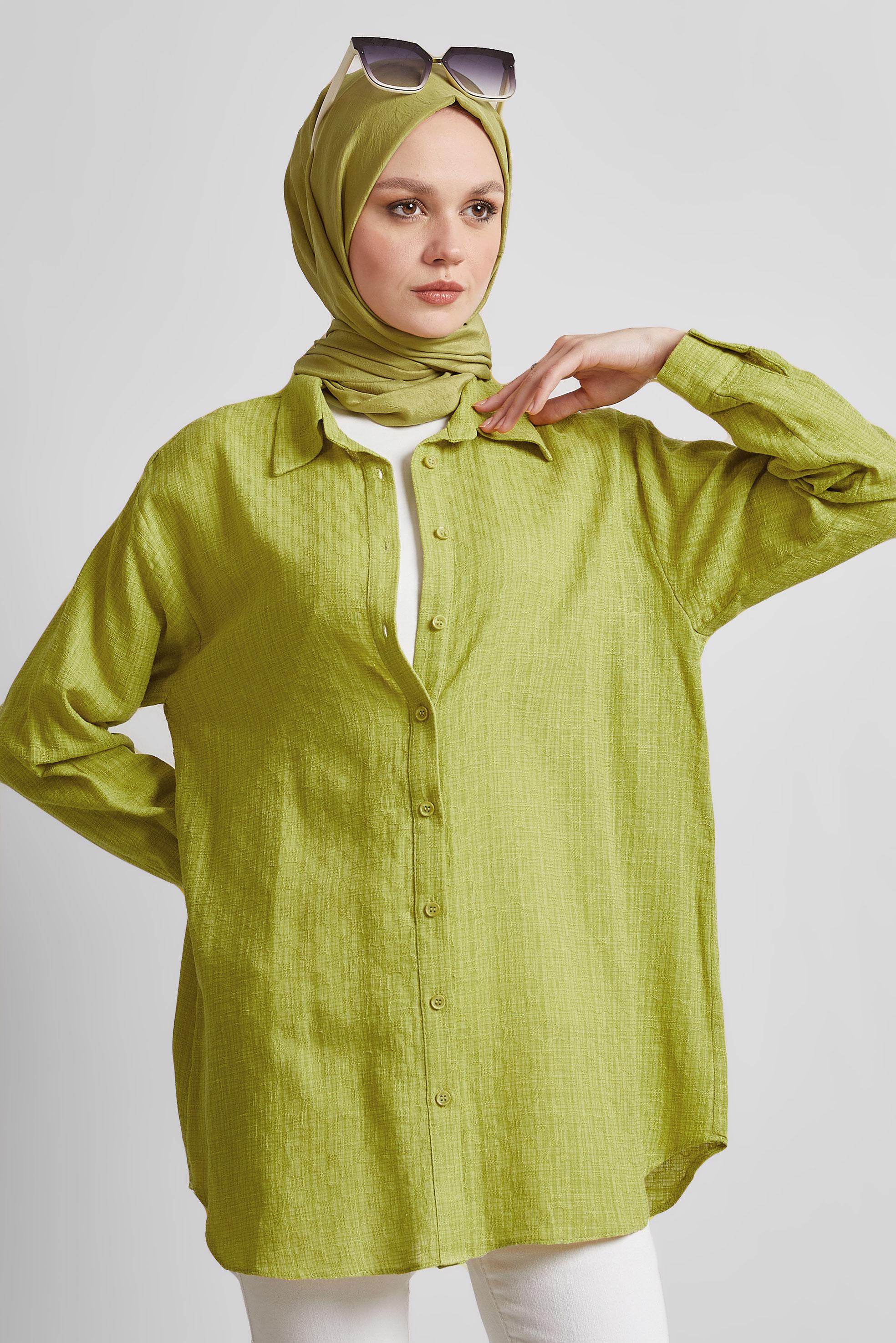 Tesettür giyim YEŞİL GÖMLEK YAKA TUNİK 44818