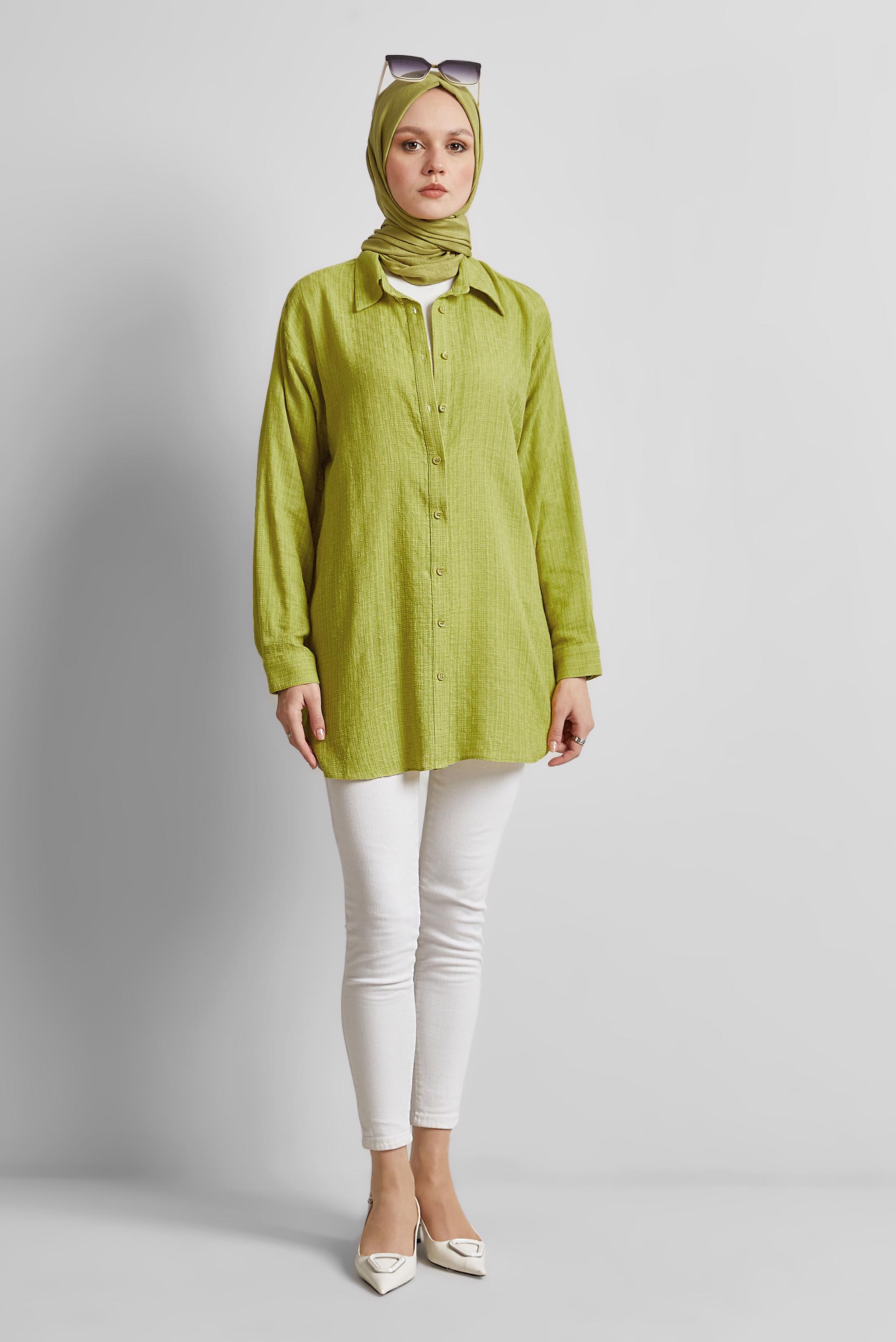 Tesettür giyim YEŞİL GÖMLEK YAKA TUNİK 44818