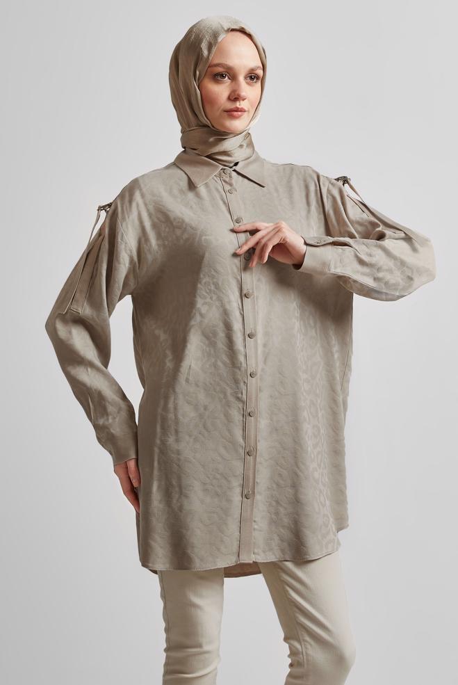 Tesettür giyim BEJ GÖMLEK YAKA TUNİK 45254 - ALVİNA