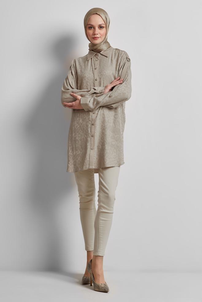 Tesettür giyim BEJ GÖMLEK YAKA TUNİK 45254 - ALVİNA