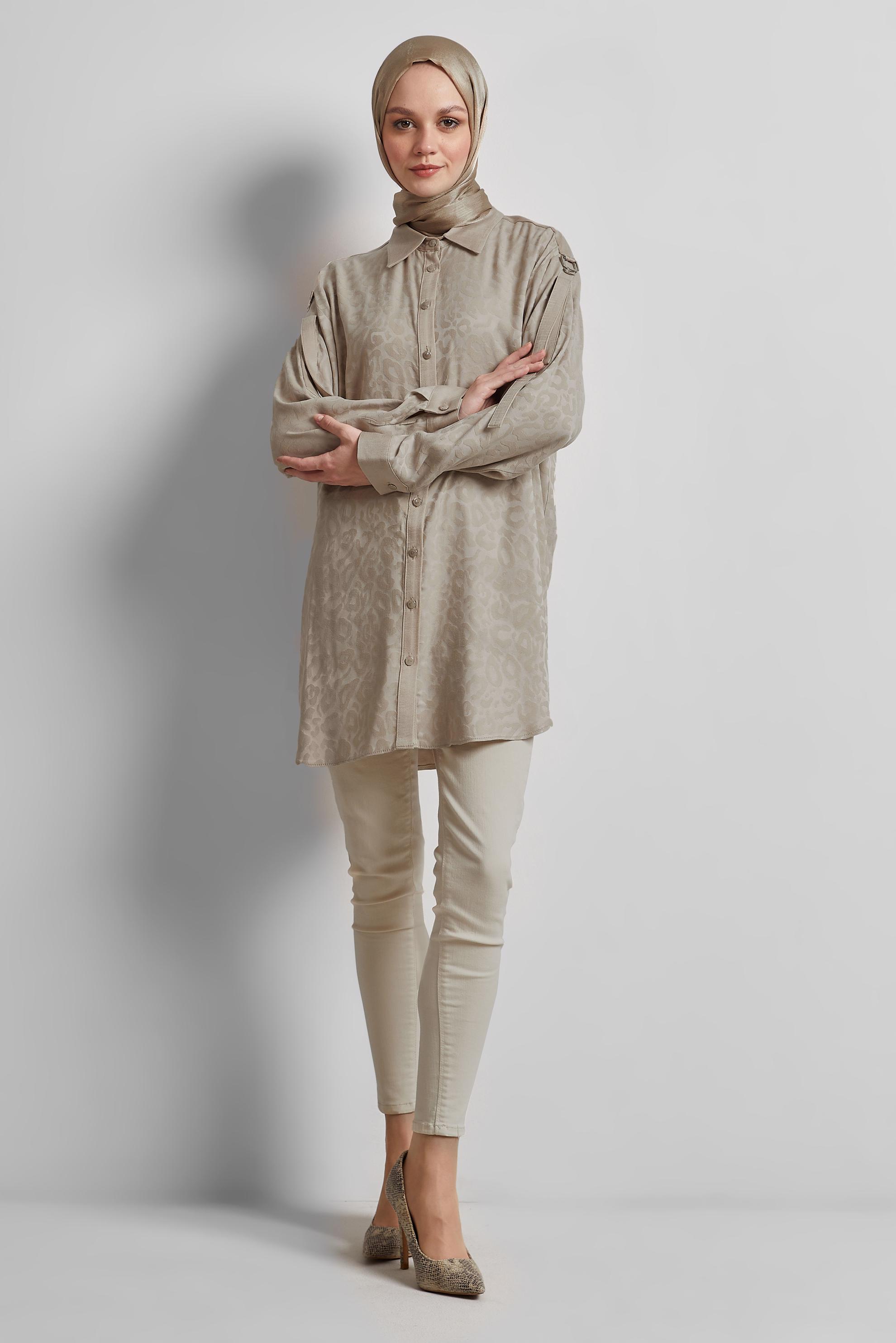 Tesettür giyim BEJ GÖMLEK YAKA TUNİK 45254