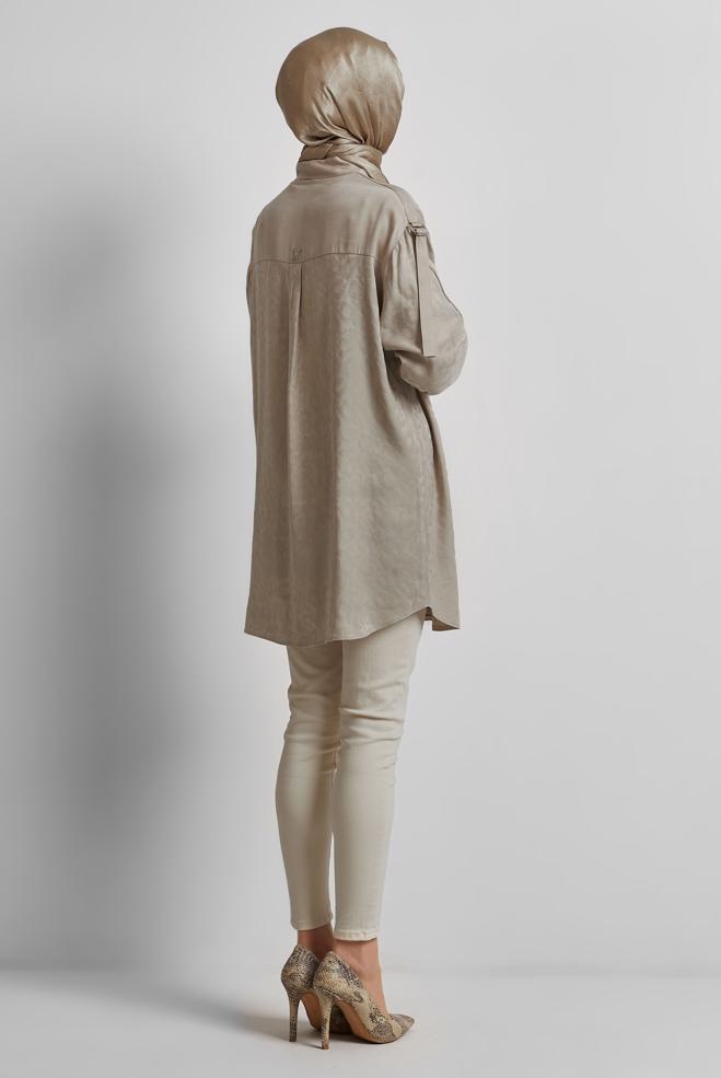 Tesettür giyim BEJ GÖMLEK YAKA TUNİK 45254 - ALVİNA