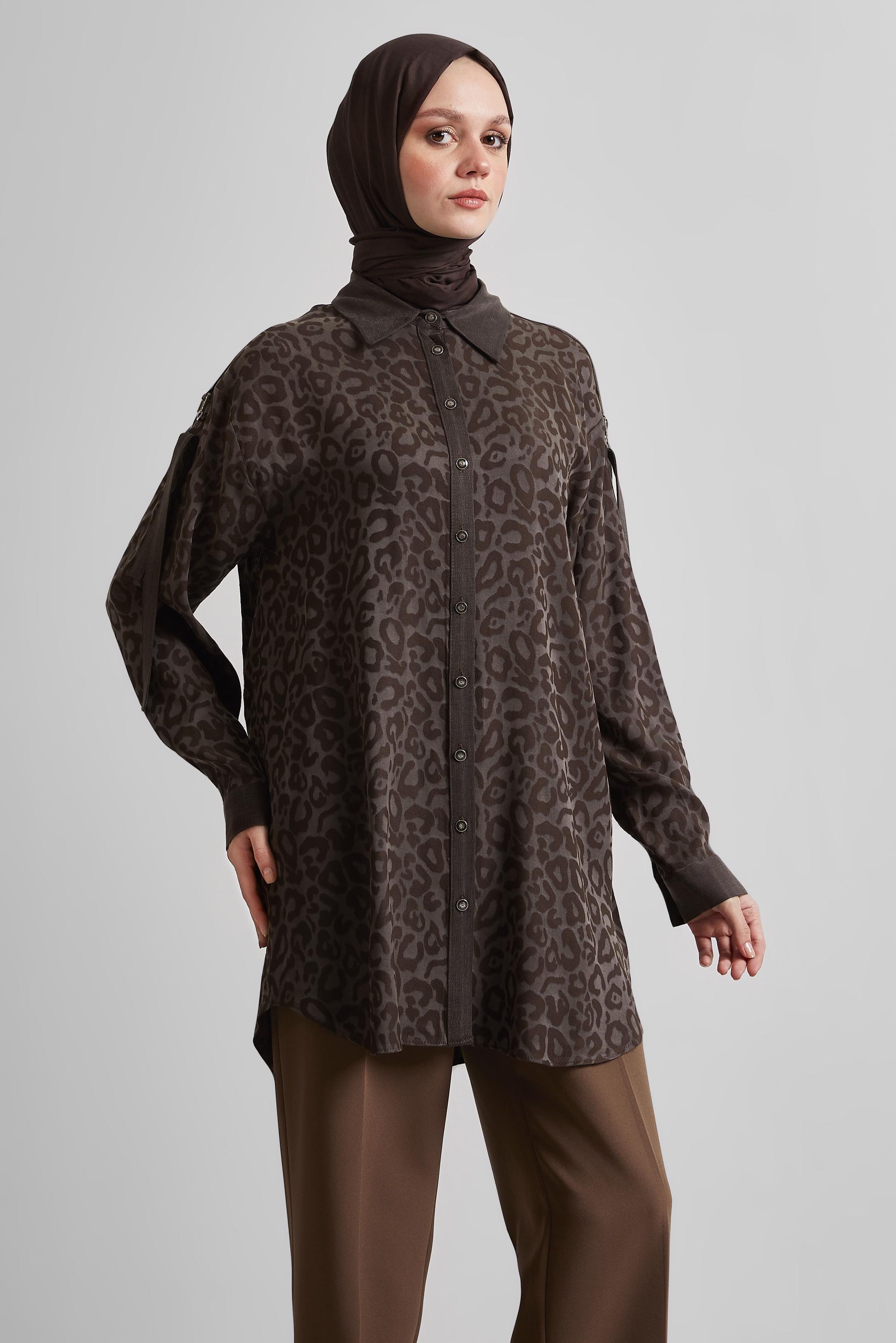 Tesettür giyim KAHVE GÖMLEK YAKA TUNİK 45254