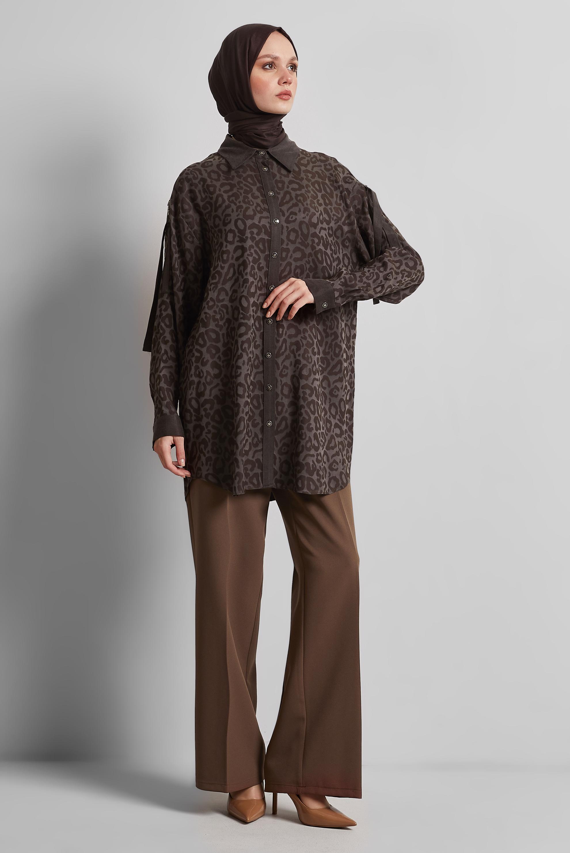 Tesettür giyim KAHVE GÖMLEK YAKA TUNİK 45254