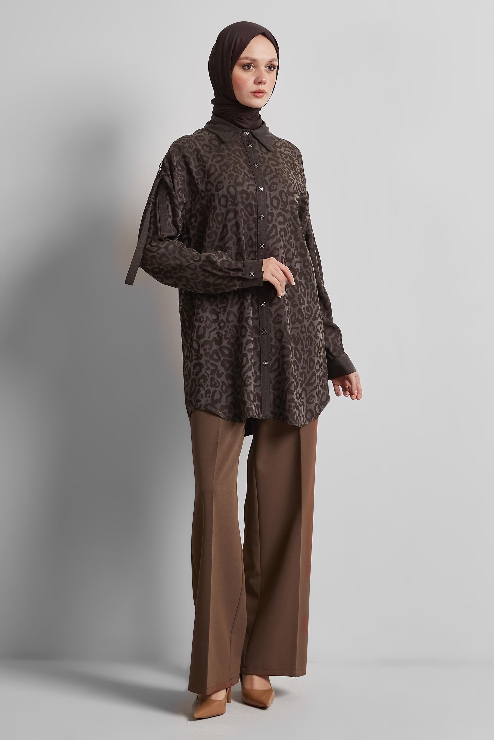 Tesettür giyim KAHVE GÖMLEK YAKA TUNİK 45254
