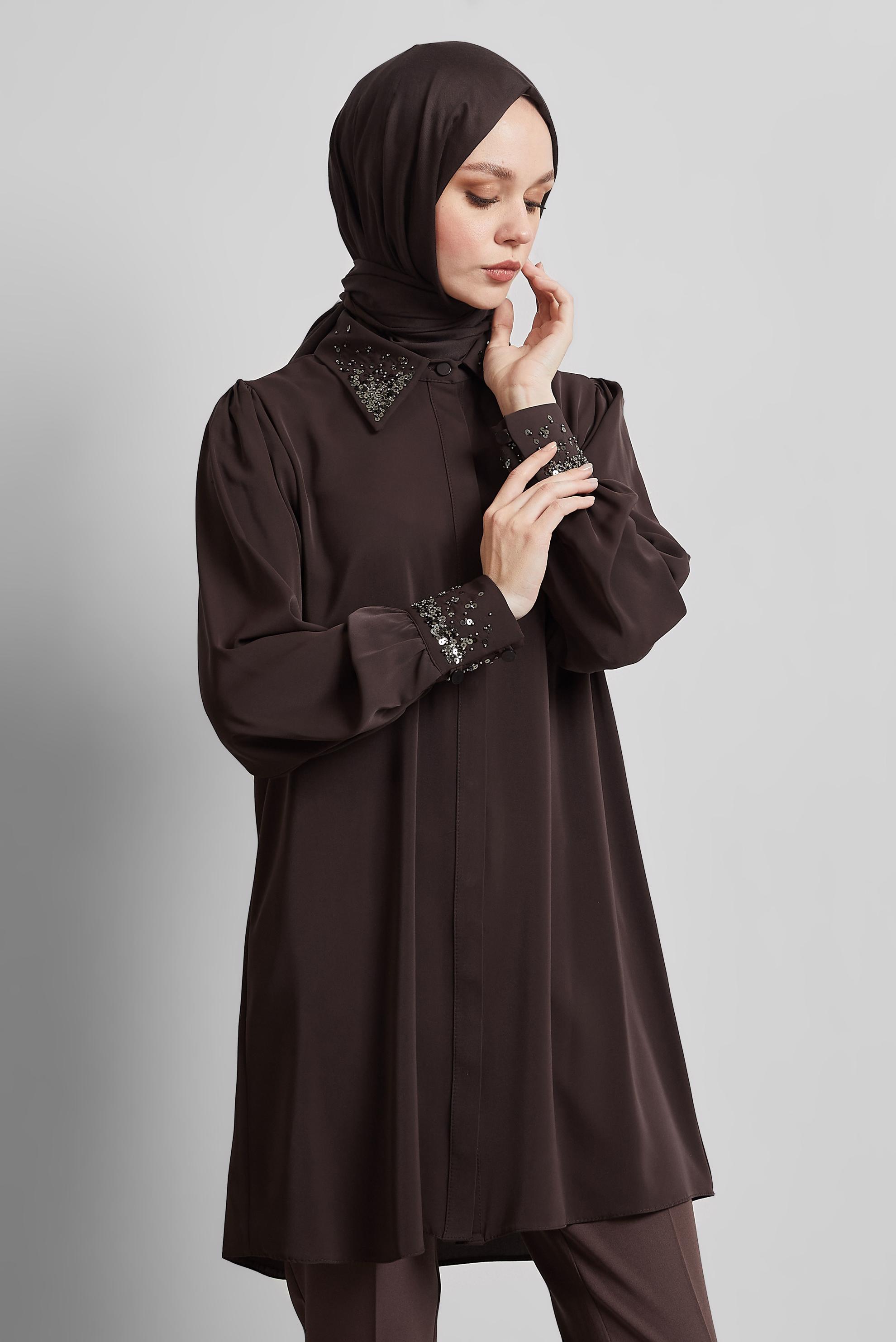 Tesettür giyim KAHVE PUL BASKILI GÖMLEK TUNİK 45320