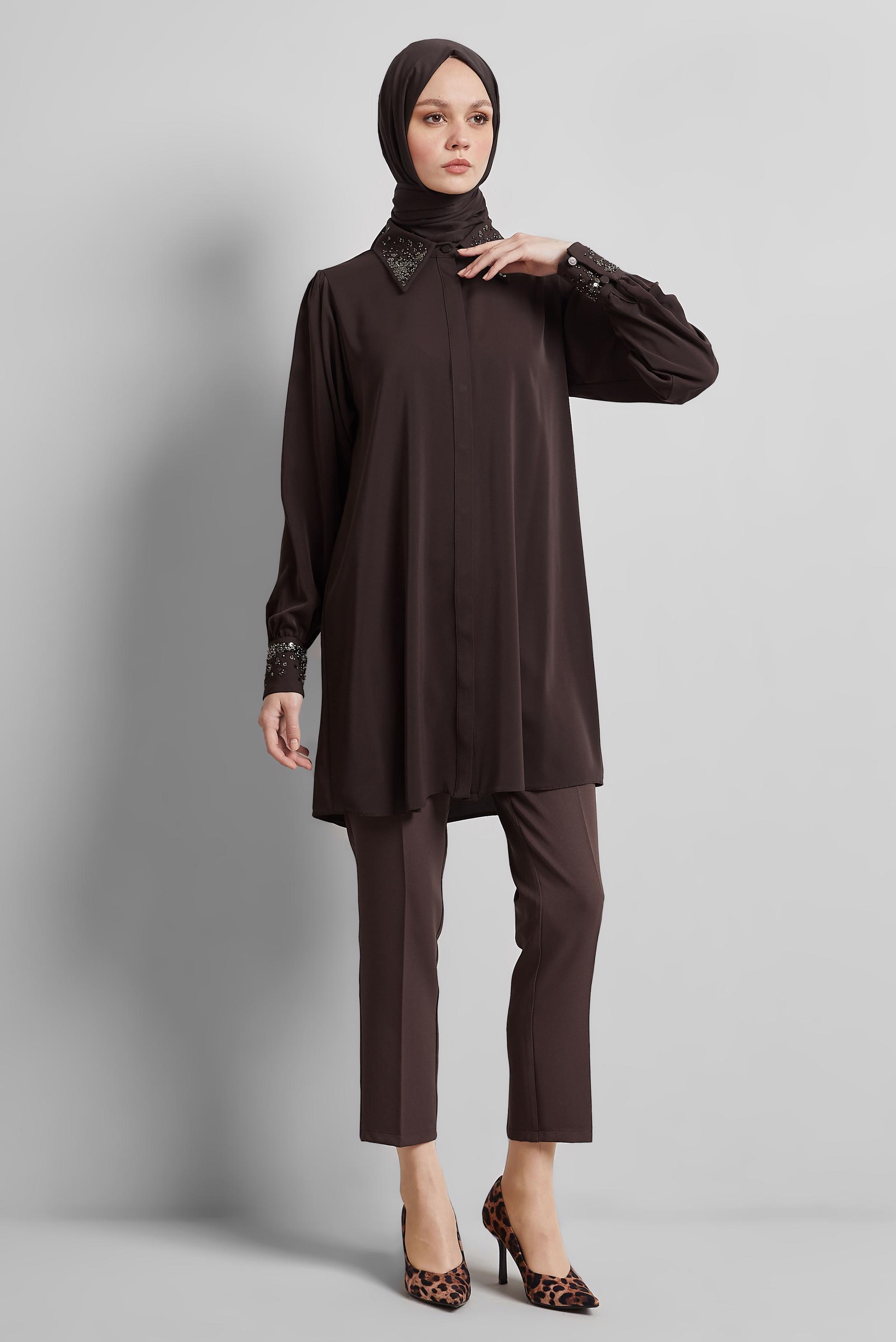 Tesettür giyim KAHVE PUL BASKILI GÖMLEK TUNİK 45320