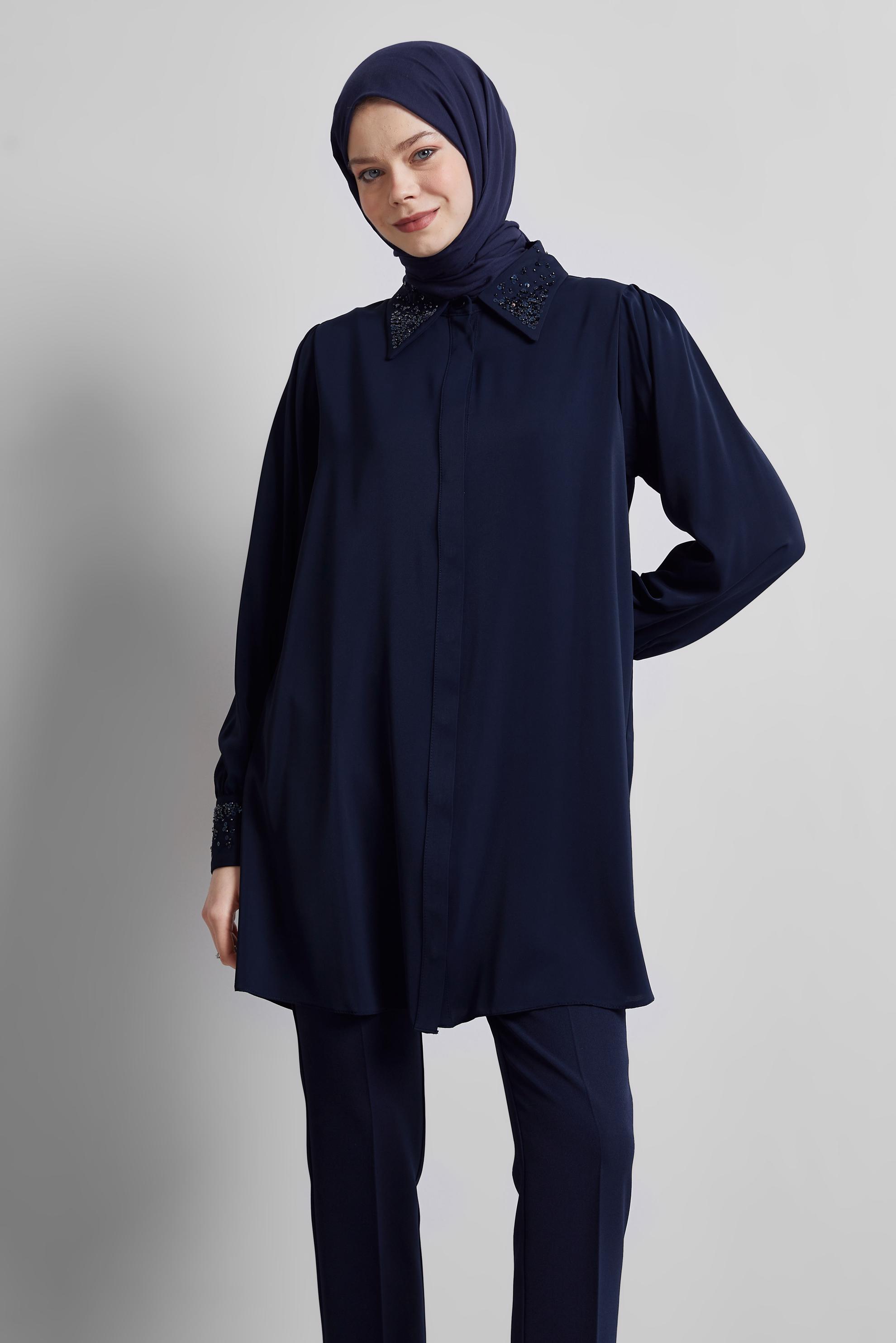 Tesettür giyim LACİVERT PUL BASKILI GÖMLEK TUNİK 45320