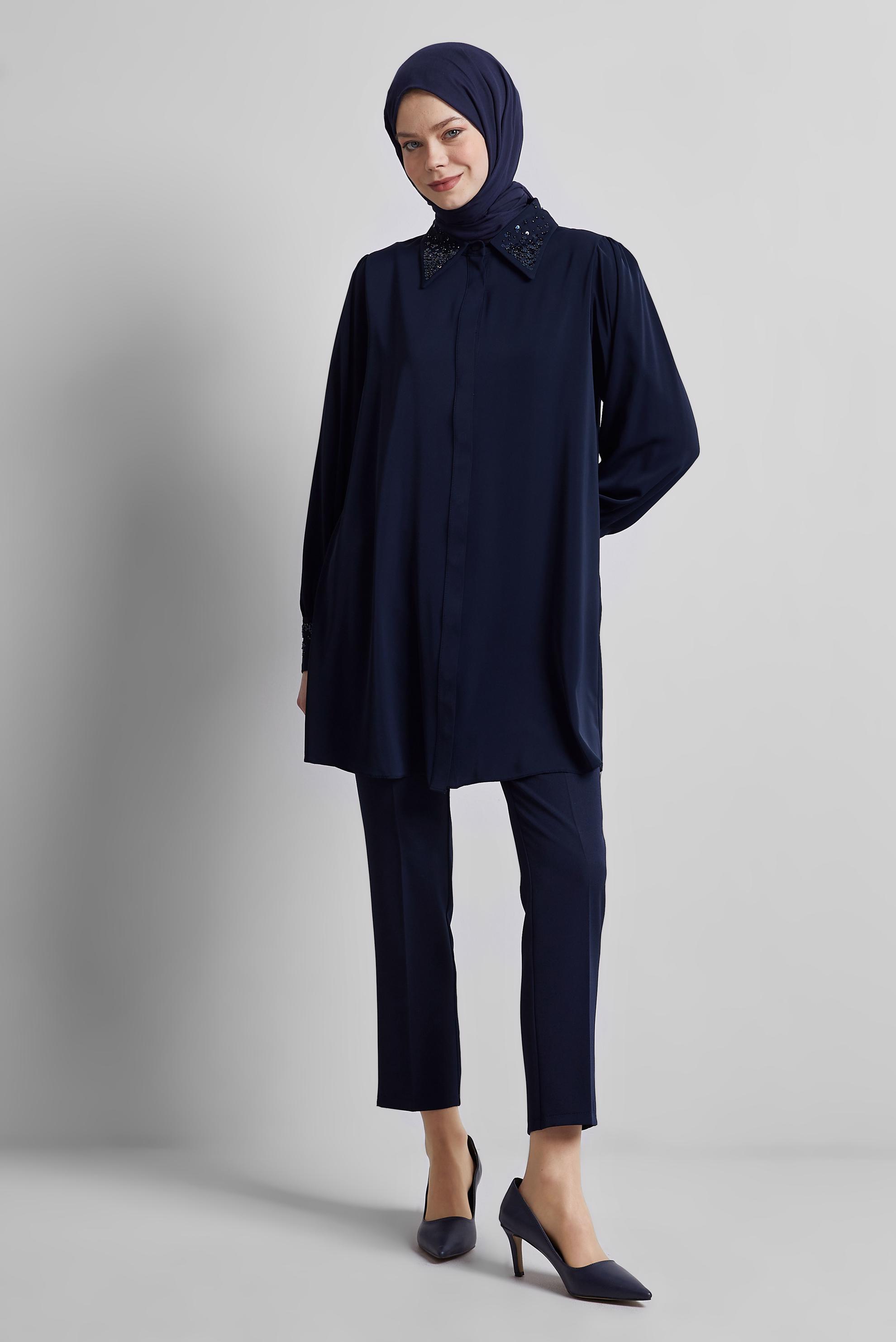 Tesettür giyim LACİVERT PUL BASKILI GÖMLEK TUNİK 45320