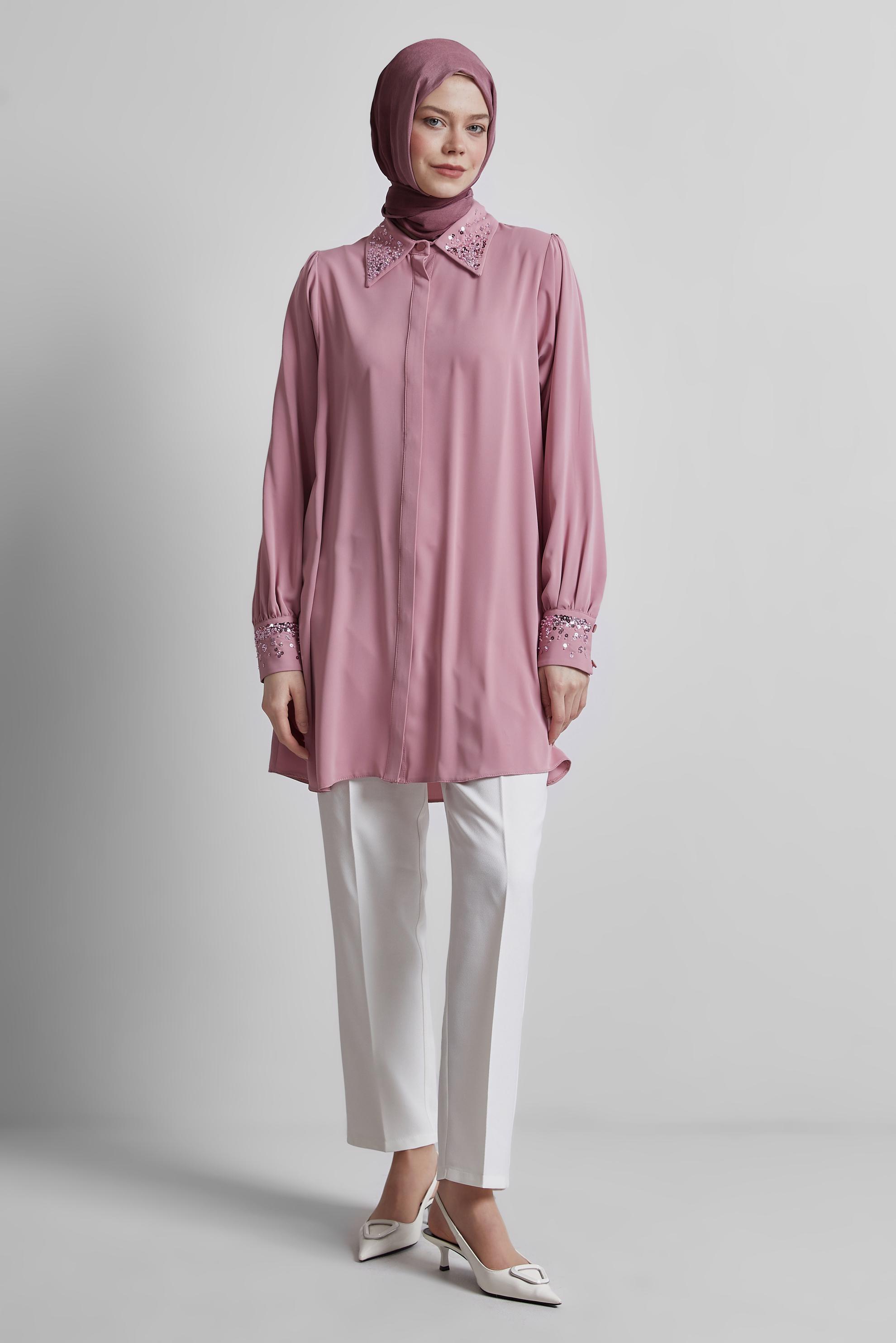 Tesettür giyim PUDRA PUL BASKILI GÖMLEK TUNİK 45320