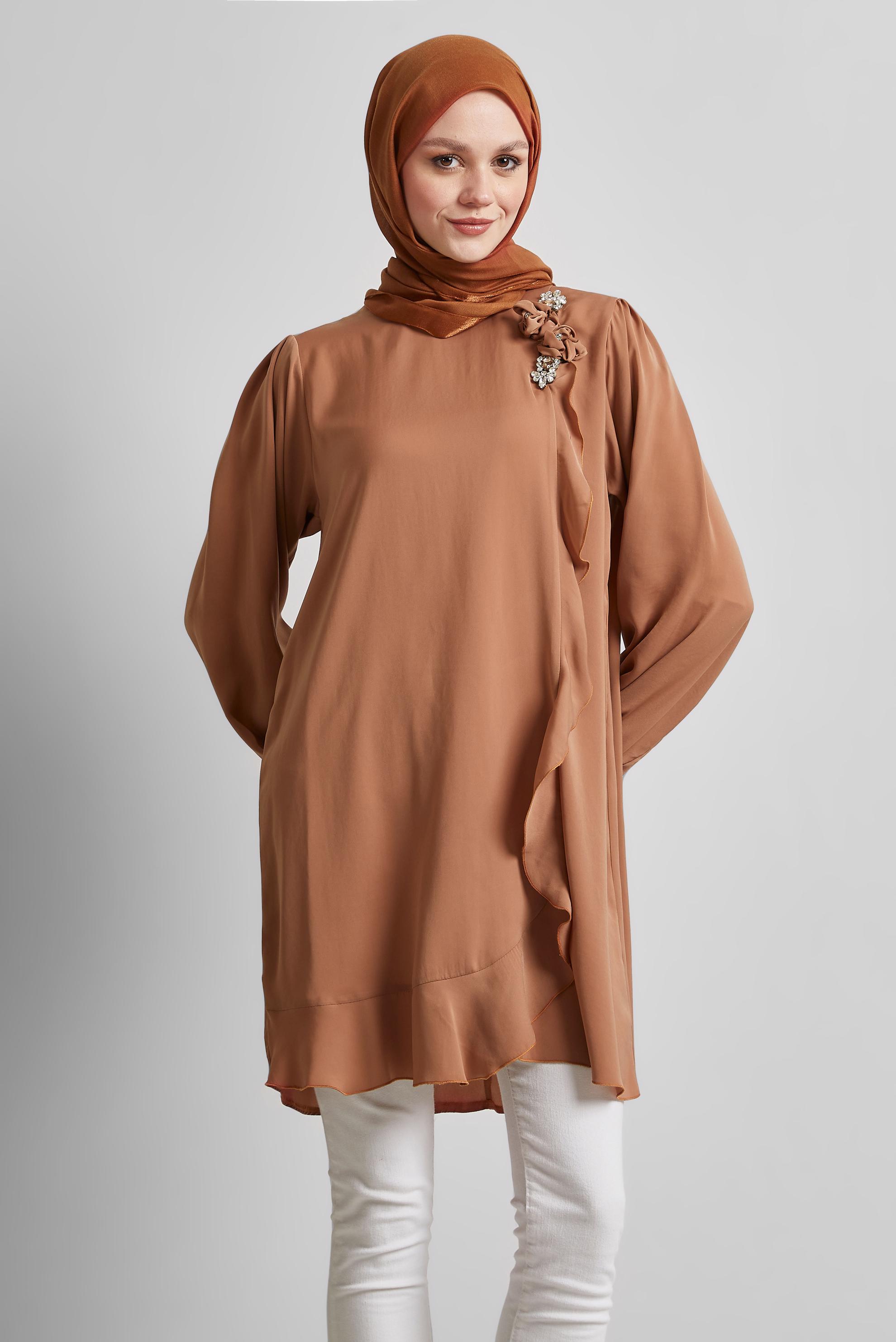 Tesettür giyim KAHVE TAŞ DETAYLI TUNİK 45322