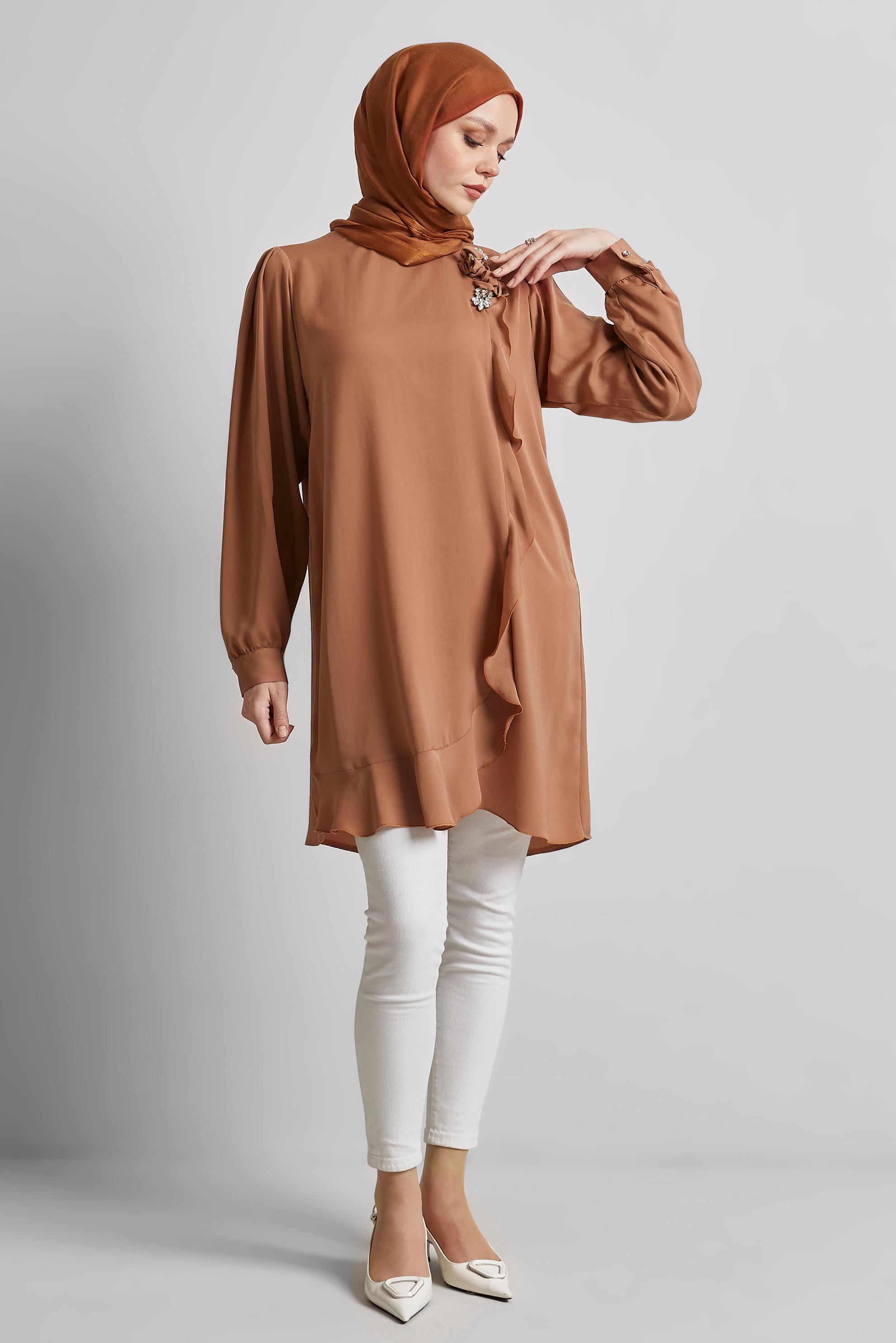 Tesettür giyim KAHVE TAŞ DETAYLI TUNİK 45322