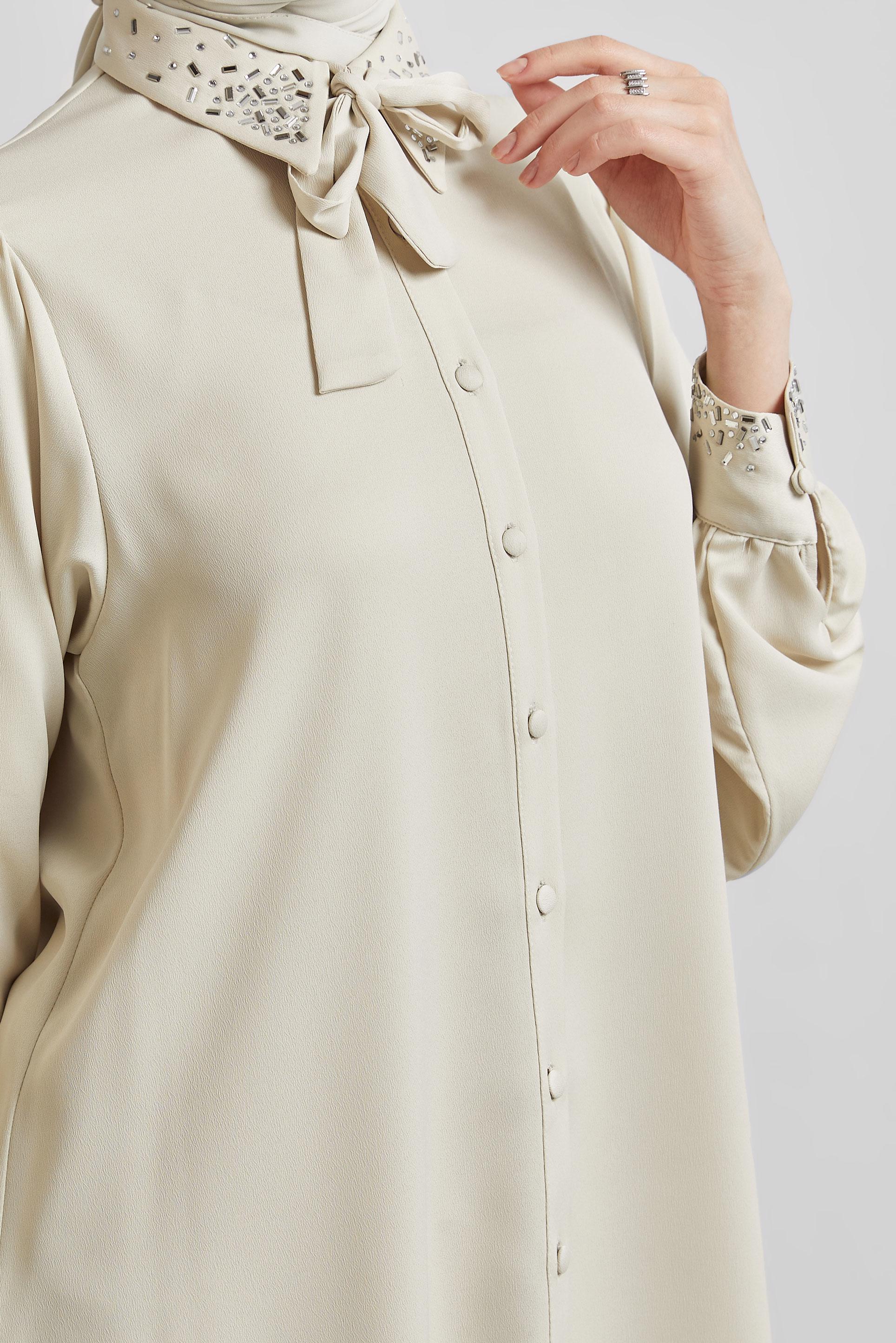 Tesettür giyim BEJ TAŞ DETAYLI SATEN TUNİK 45323