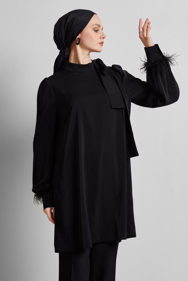 Tesettür giyim SİYAH TÜY DETAYLI TUNİK 45324 - ALVİNA