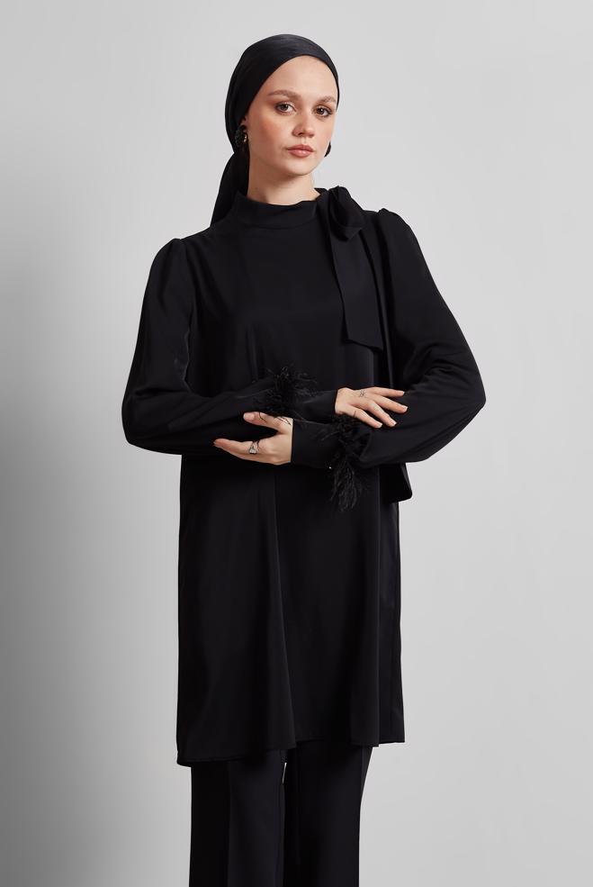 Tesettür giyim SİYAH TÜY DETAYLI TUNİK 45324 - ALVİNA