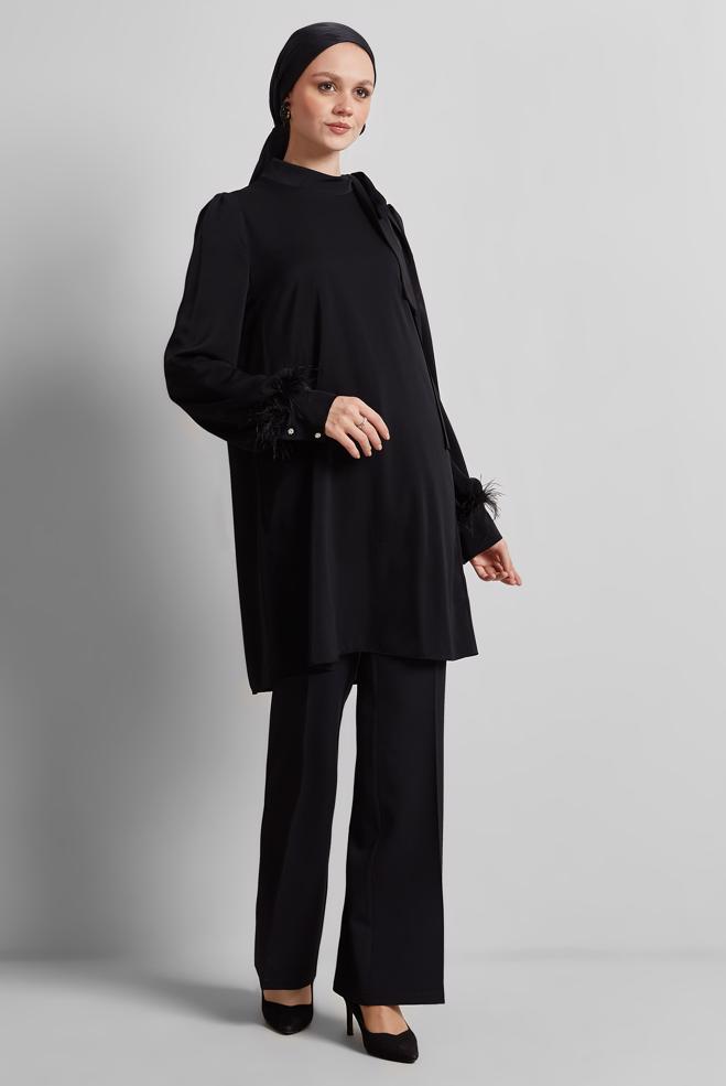 Tesettür giyim SİYAH TÜY DETAYLI TUNİK 45324 - ALVİNA