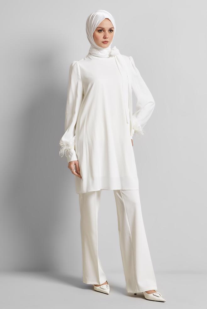 Tesettür giyim BEYAZ TÜY DETAYLI TUNİK 45324 - ALVİNA