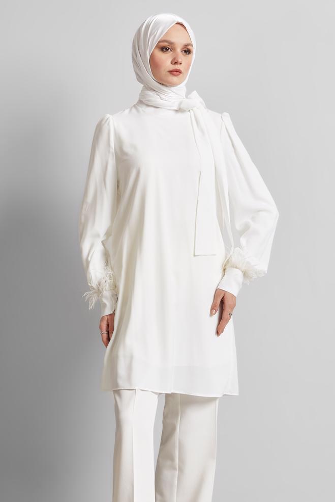 Tesettür giyim BEYAZ TÜY DETAYLI TUNİK 45324 - ALVİNA