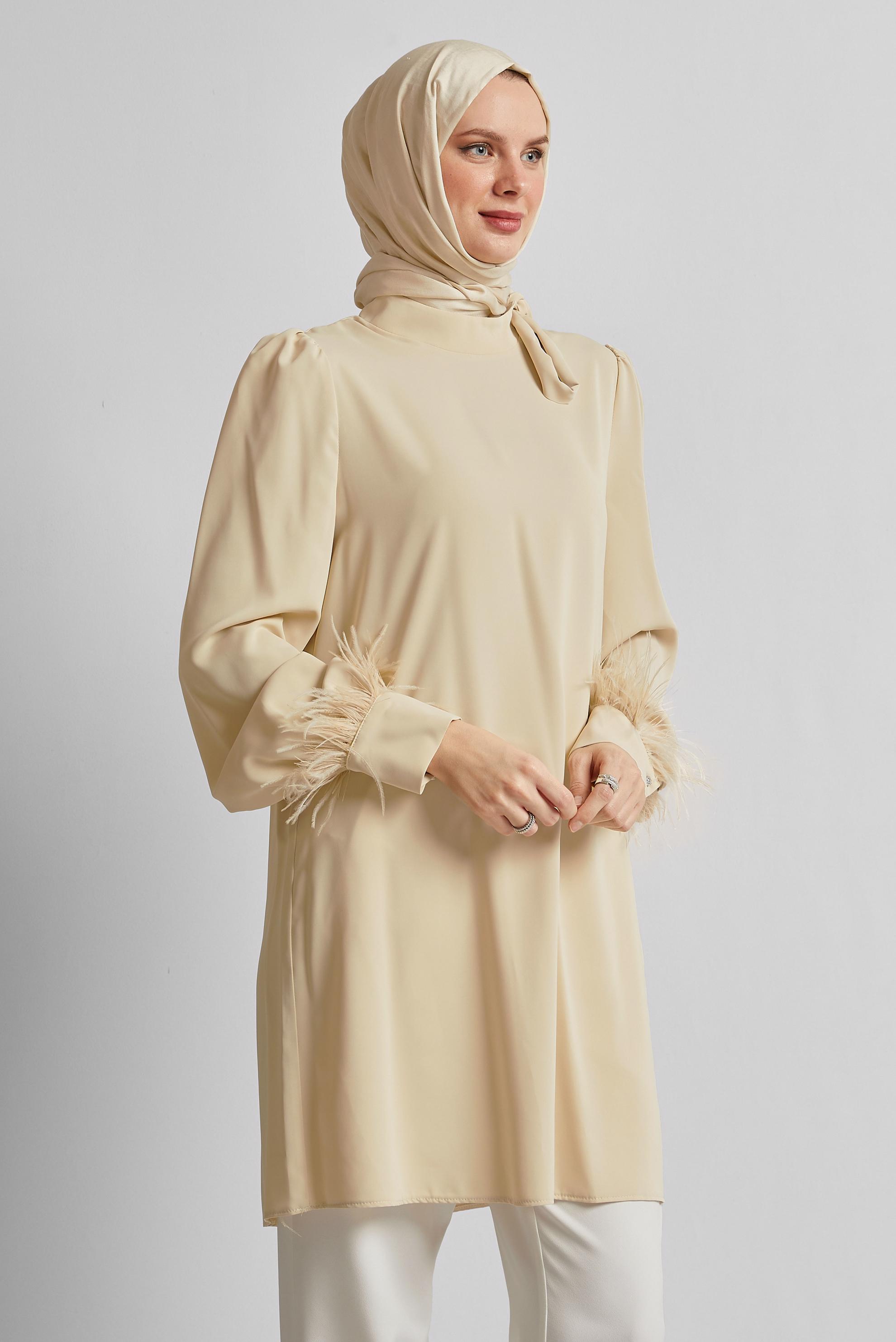 Tesettür giyim BEJ TÜY DETAYLI TUNİK 45324