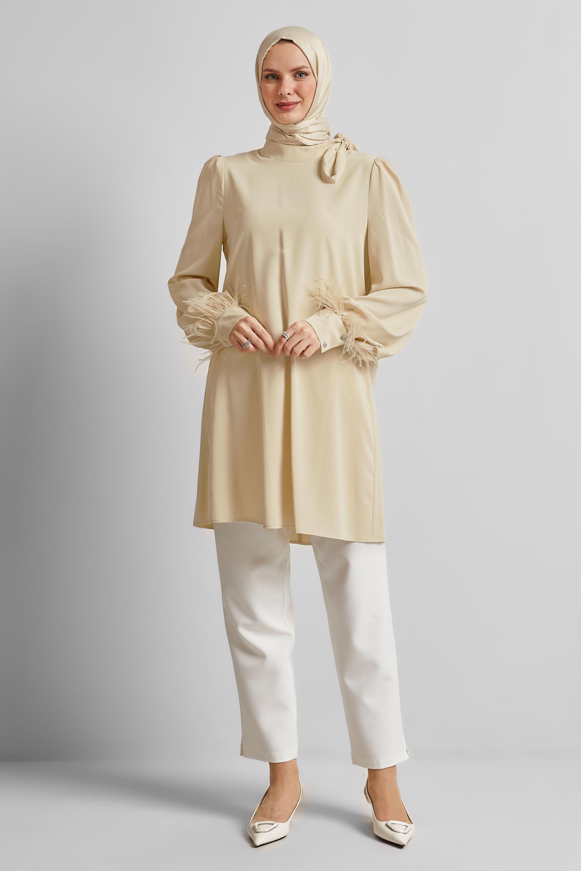 Tesettür giyim BEJ TÜY DETAYLI TUNİK 45324