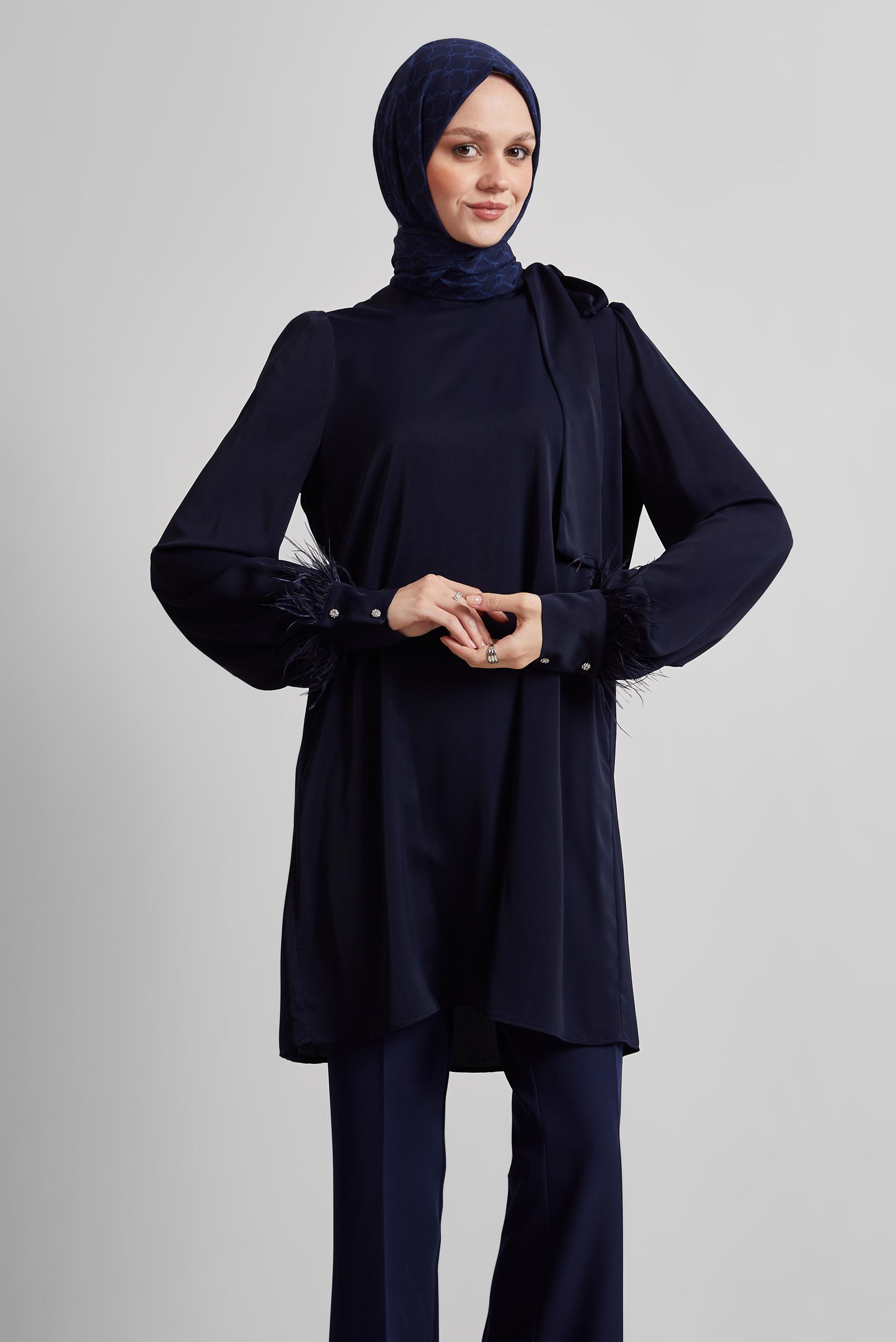 Tesettür giyim LACİVERT TÜY DETAYLI TUNİK 45324