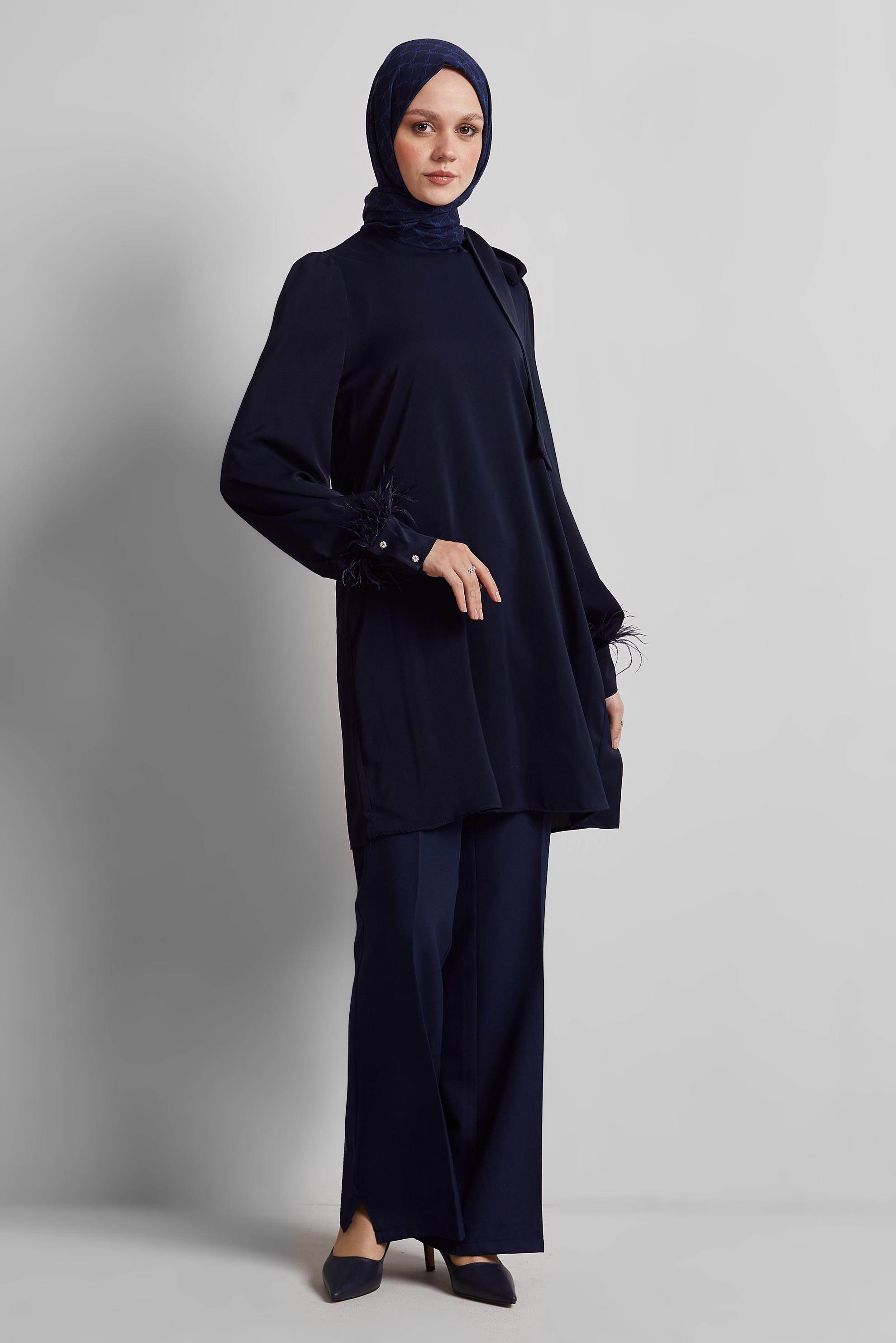 Tesettür giyim LACİVERT TÜY DETAYLI TUNİK 45324