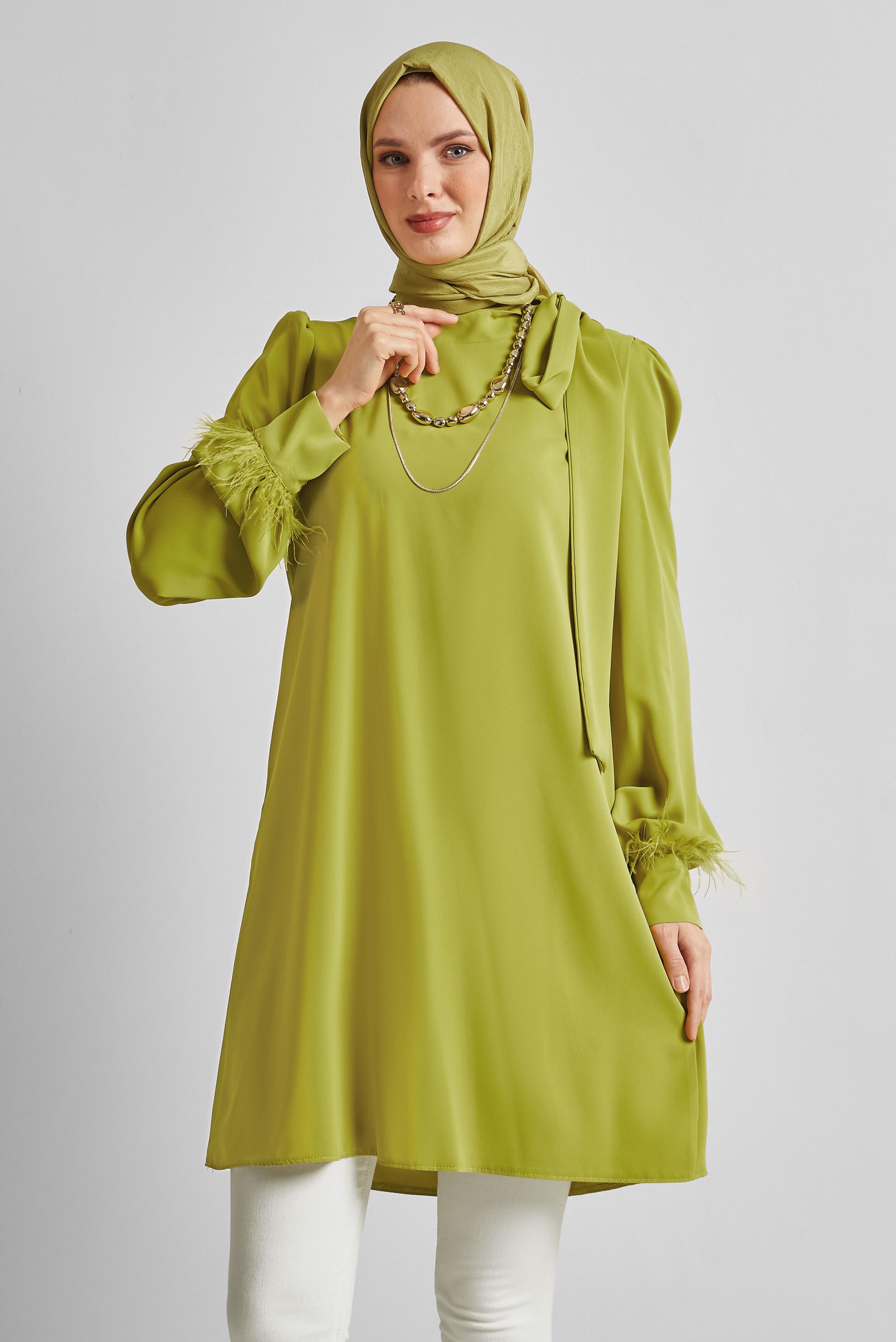 Tesettür giyim YEŞİL TÜY DETAYLI TUNİK 45324