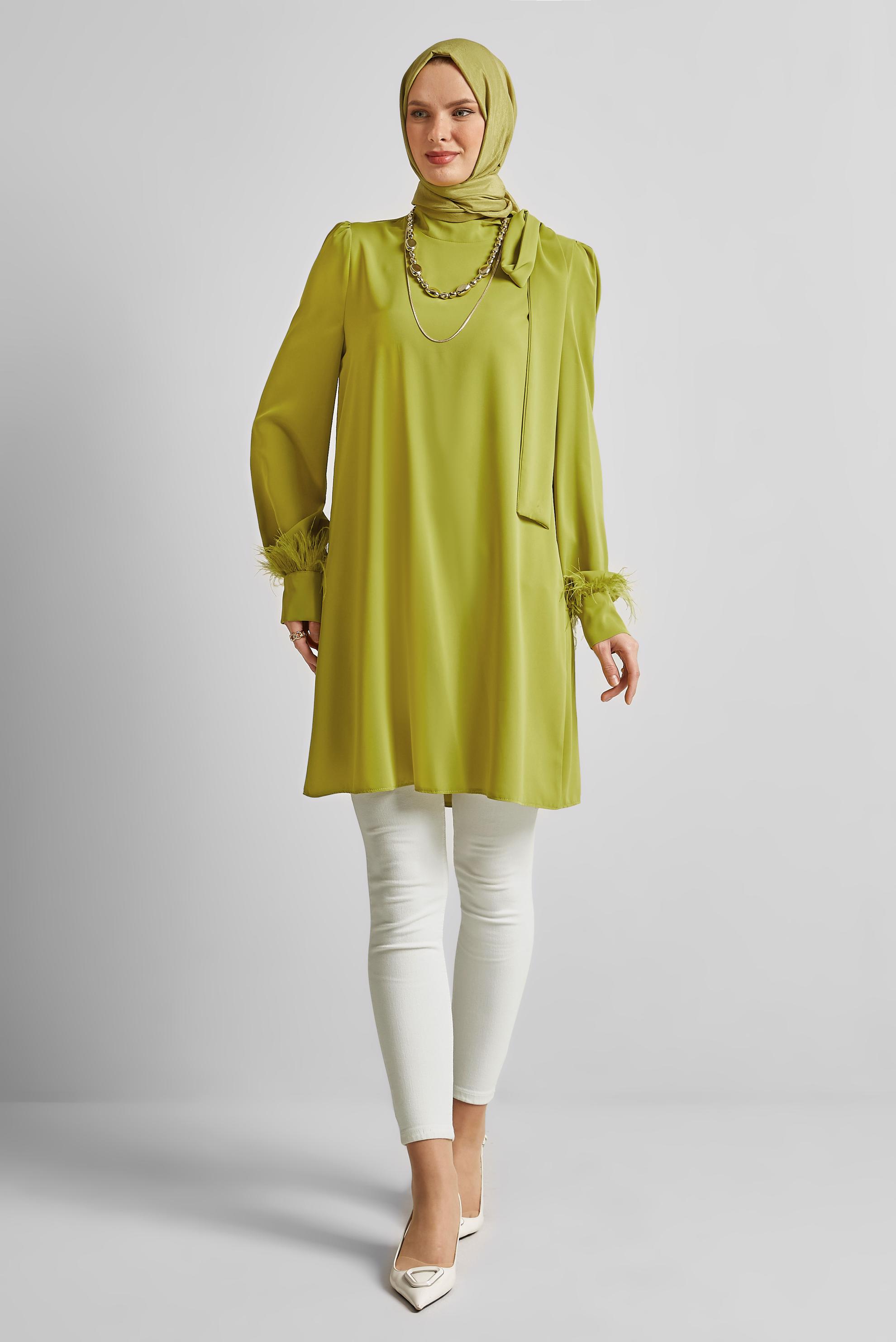 Tesettür giyim YEŞİL TÜY DETAYLI TUNİK 45324