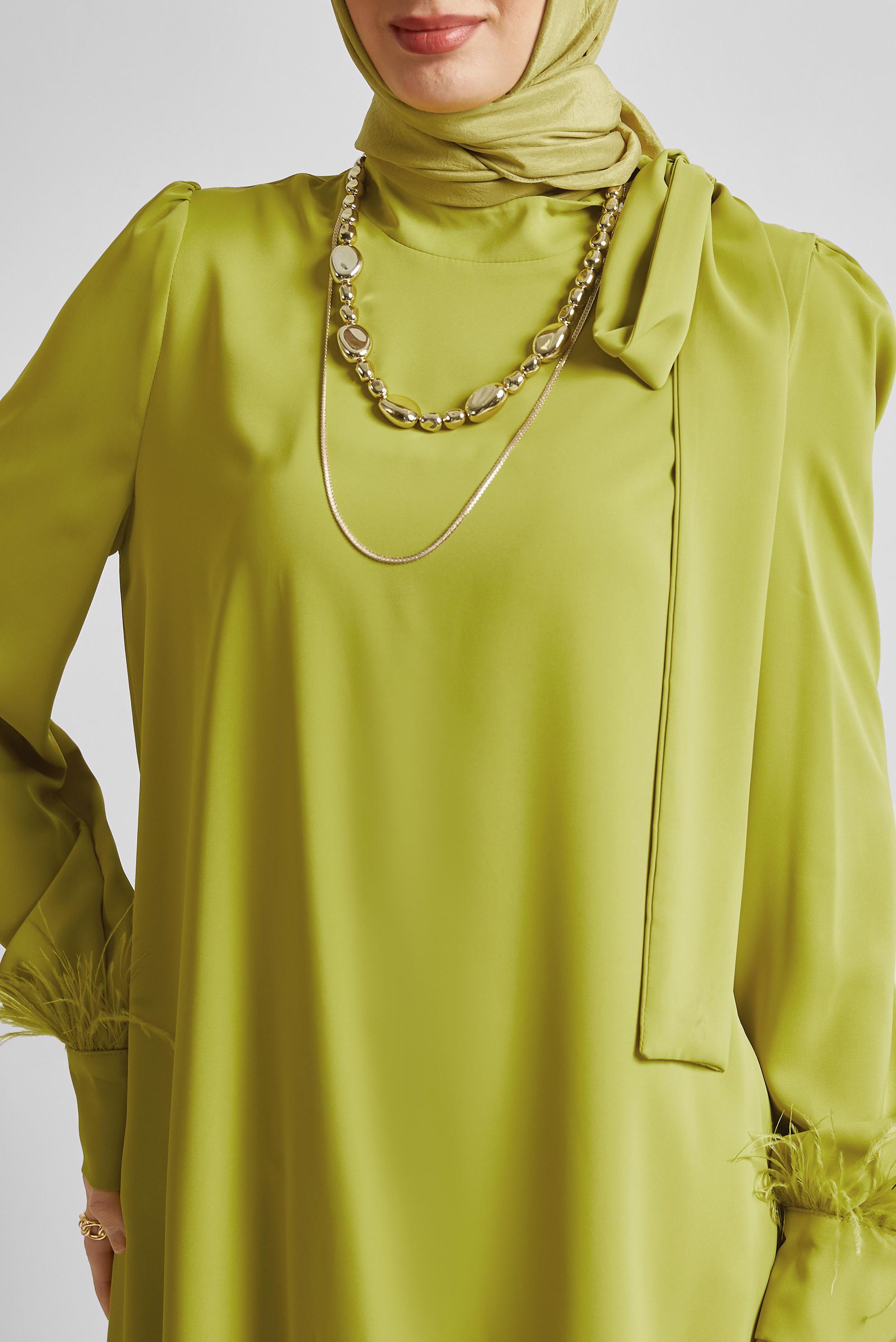 Tesettür giyim YEŞİL TÜY DETAYLI TUNİK 45324