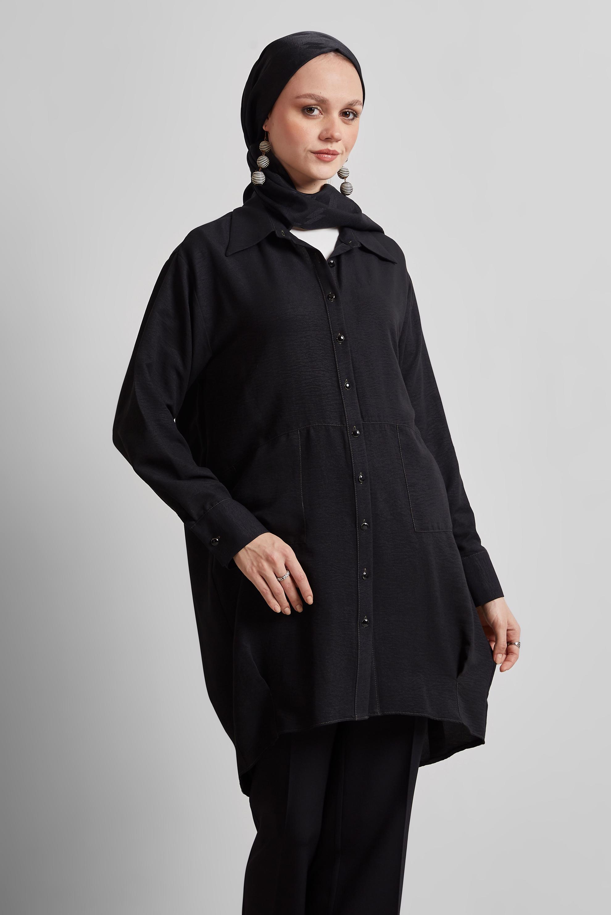 Tesettür giyim SİYAH GÖMLEK YAKA TUNİK 45325