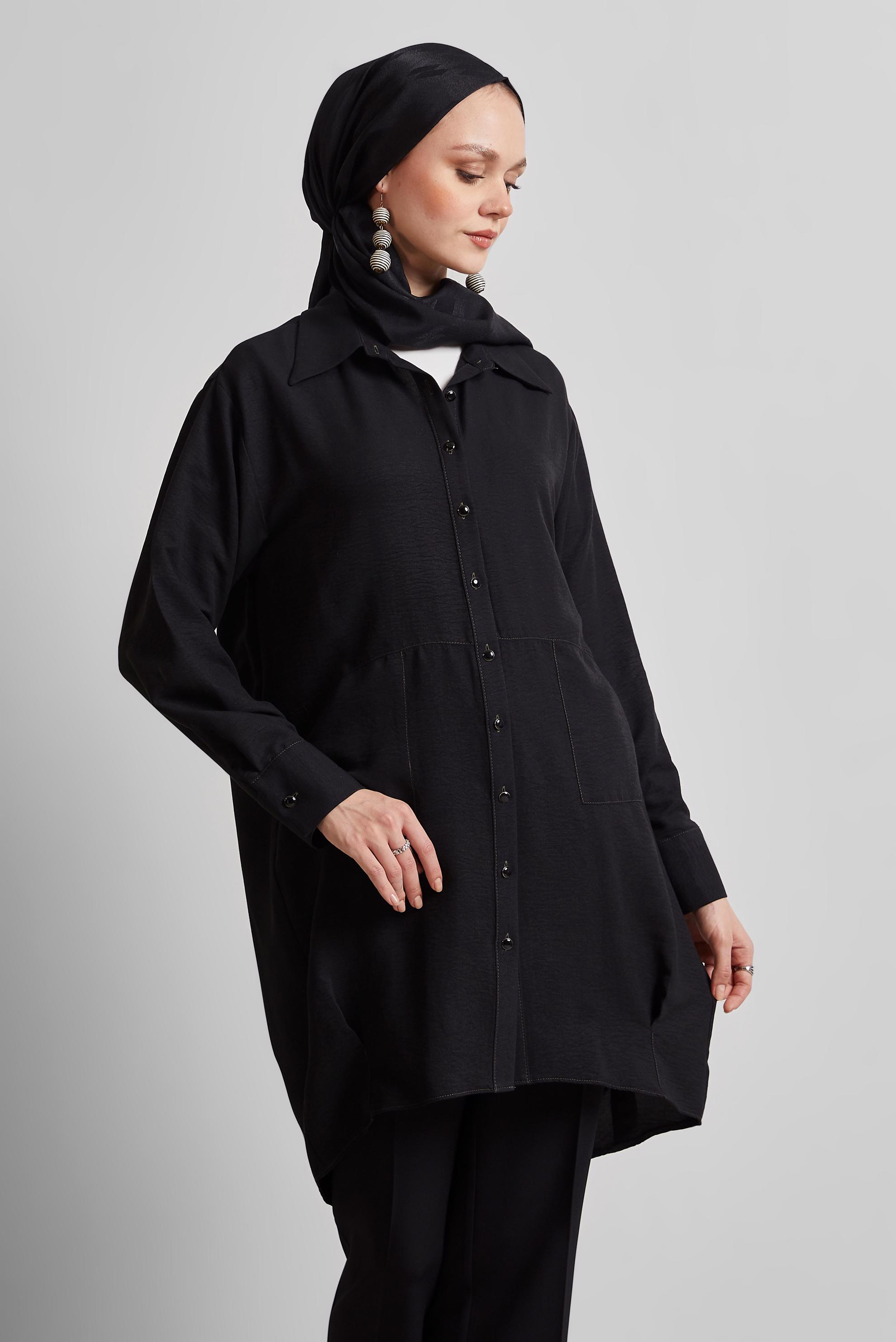 Tesettür giyim SİYAH GÖMLEK YAKA TUNİK 45325
