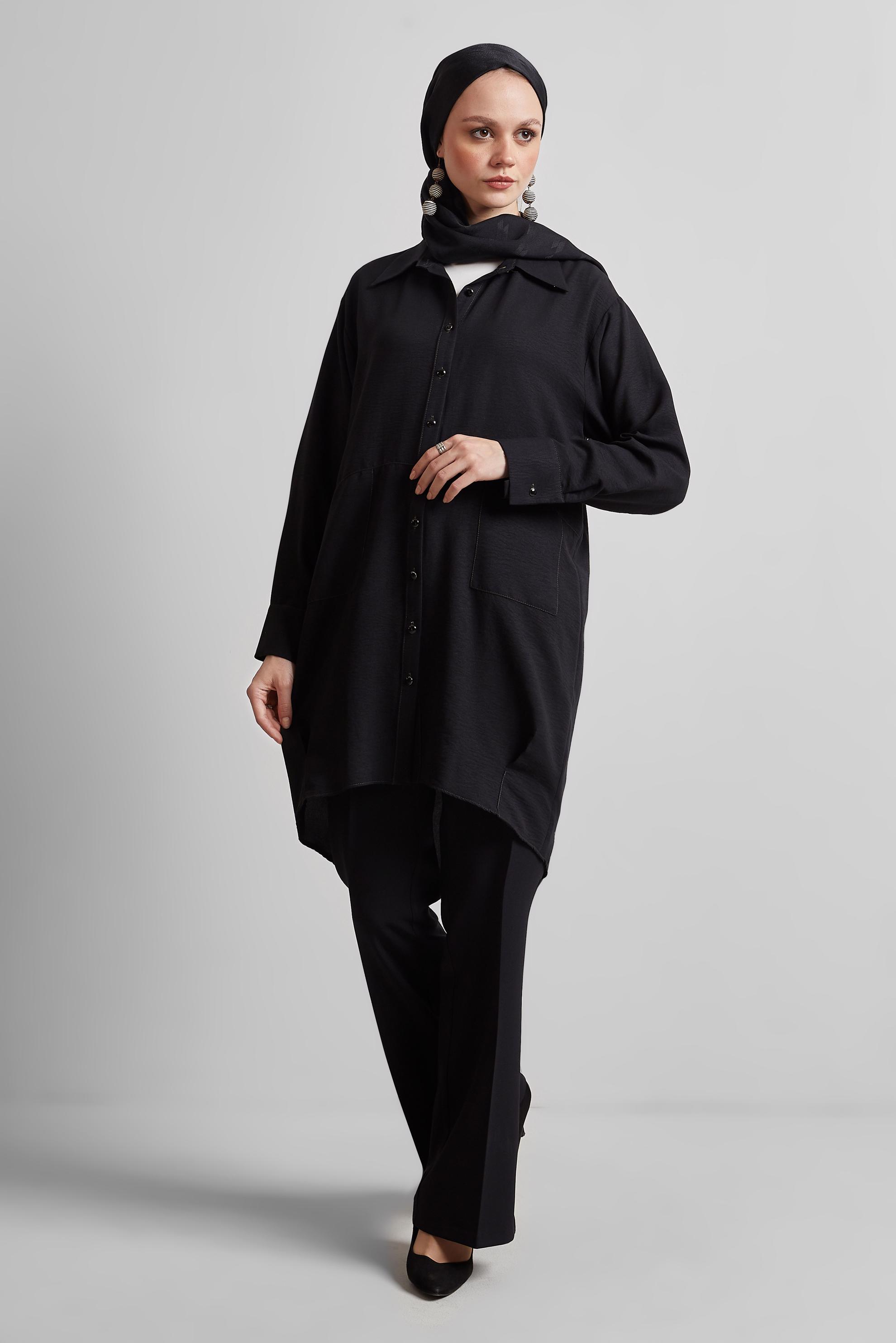 Tesettür giyim SİYAH GÖMLEK YAKA TUNİK 45325
