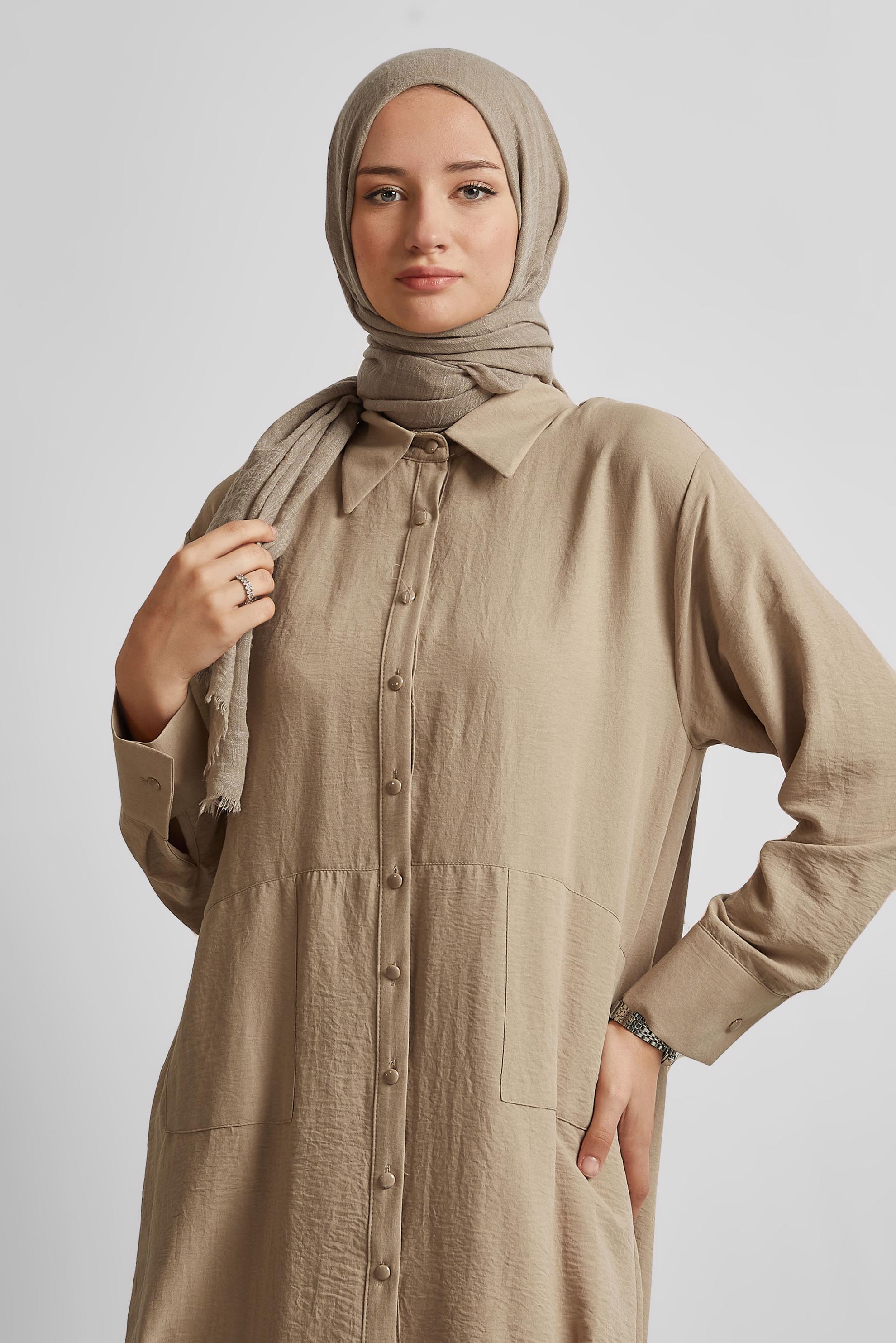 Tesettür giyim KAHVE GÖMLEK YAKA TUNİK 45325