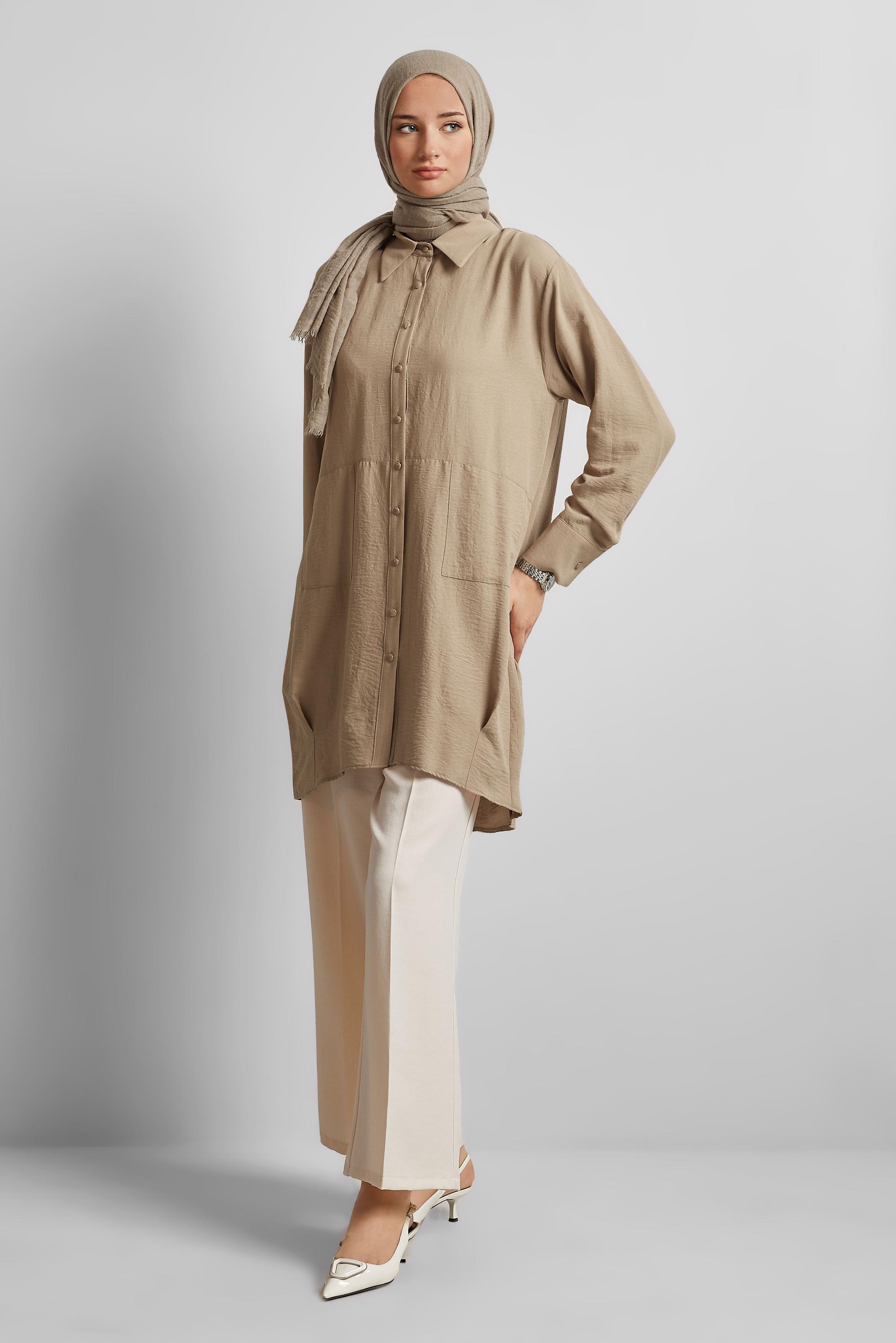 Tesettür giyim KAHVE GÖMLEK YAKA TUNİK 45325