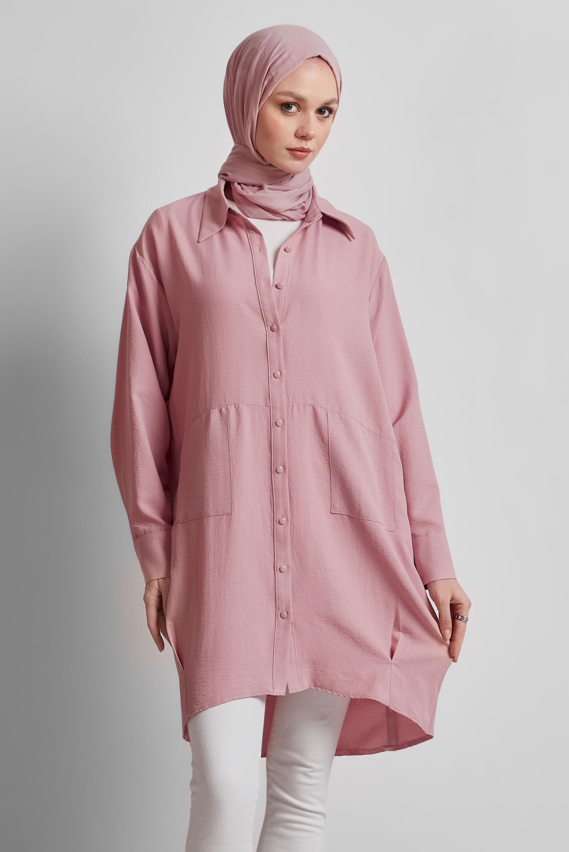 Tesettür giyim PUDRA GÖMLEK YAKA TUNİK 45325