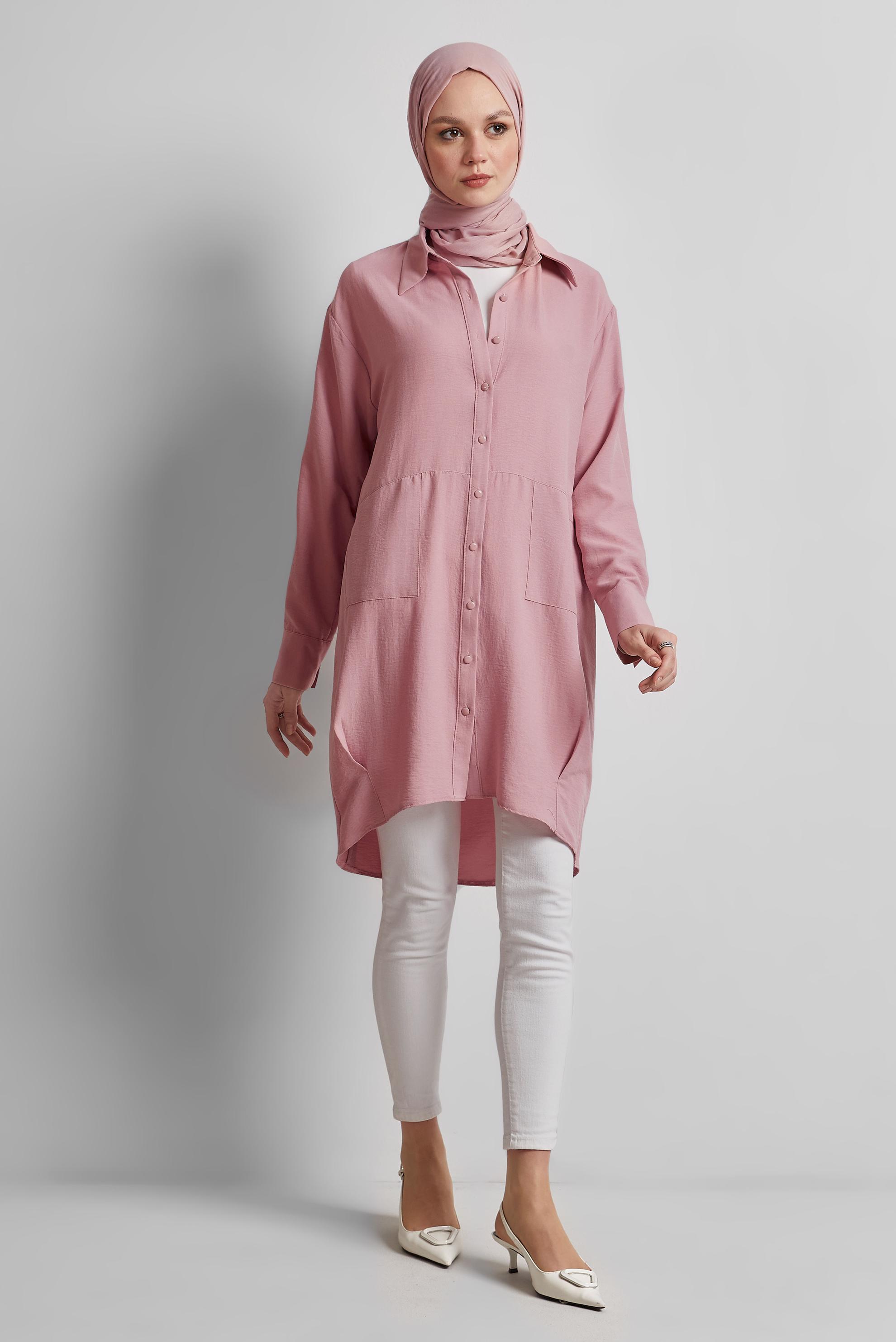 Tesettür giyim PUDRA GÖMLEK YAKA TUNİK 45325