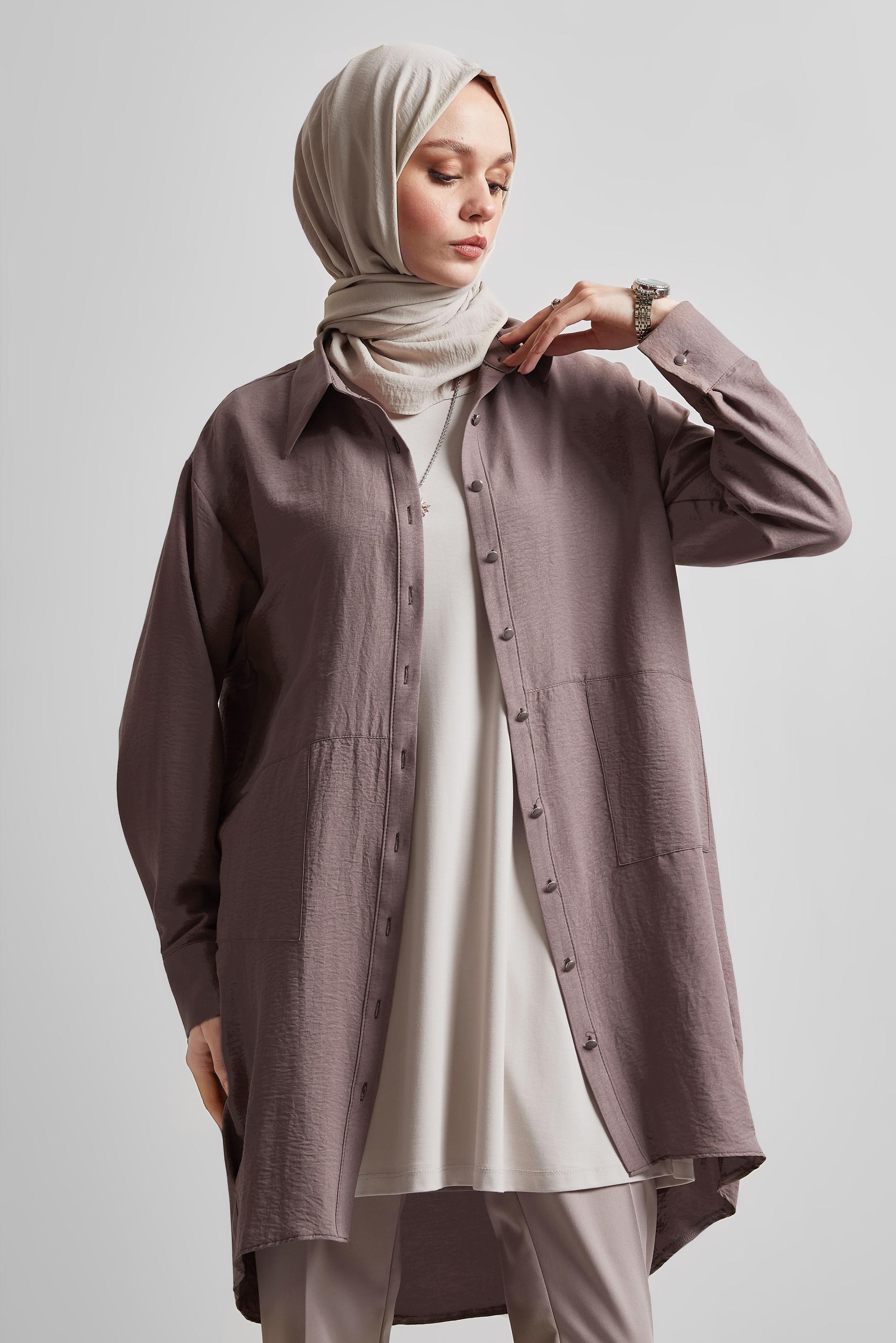 Tesettür giyim VİZON GÖMLEK YAKA TUNİK 45325