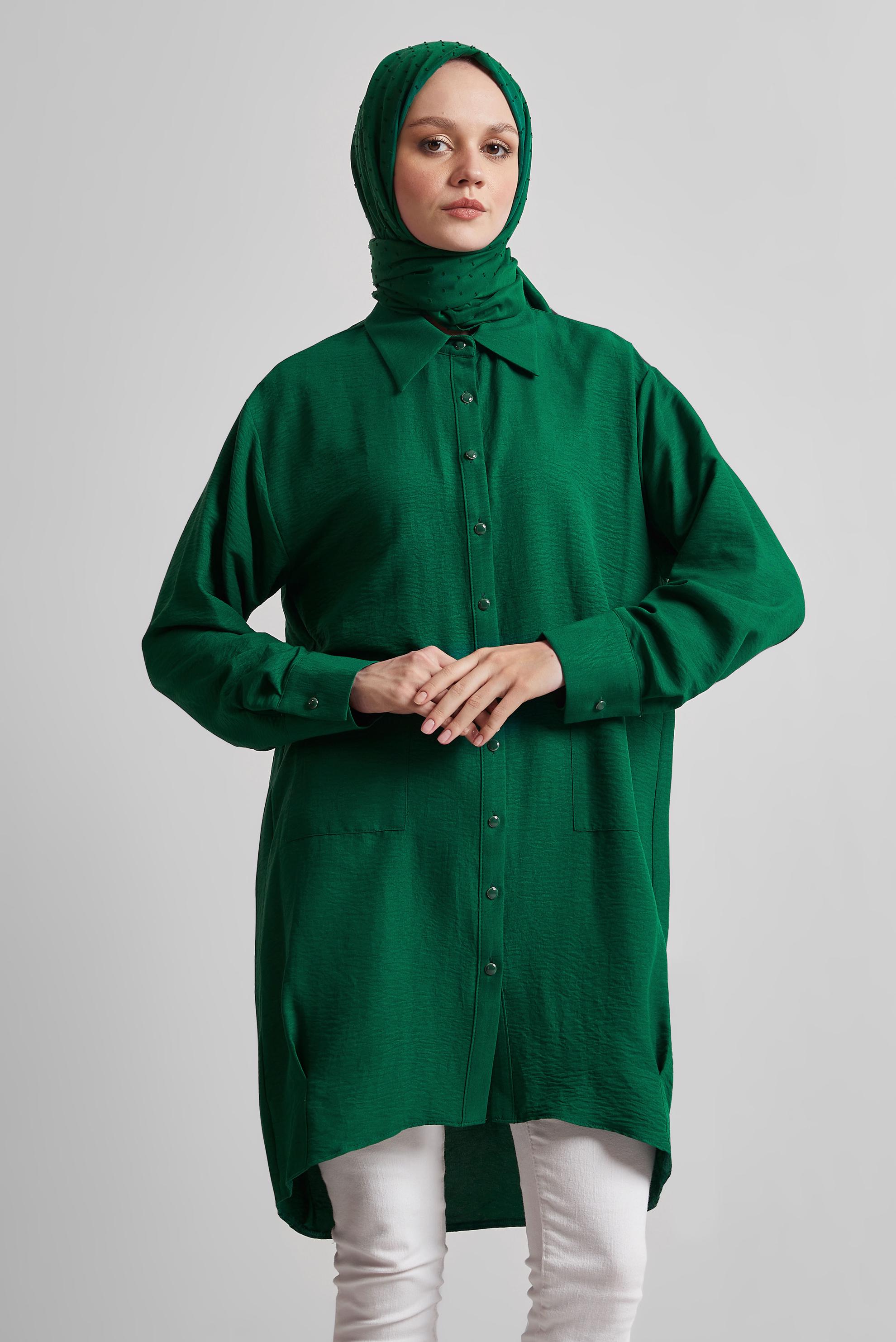 Tesettür giyim YEŞİL GÖMLEK YAKA TUNİK 45325