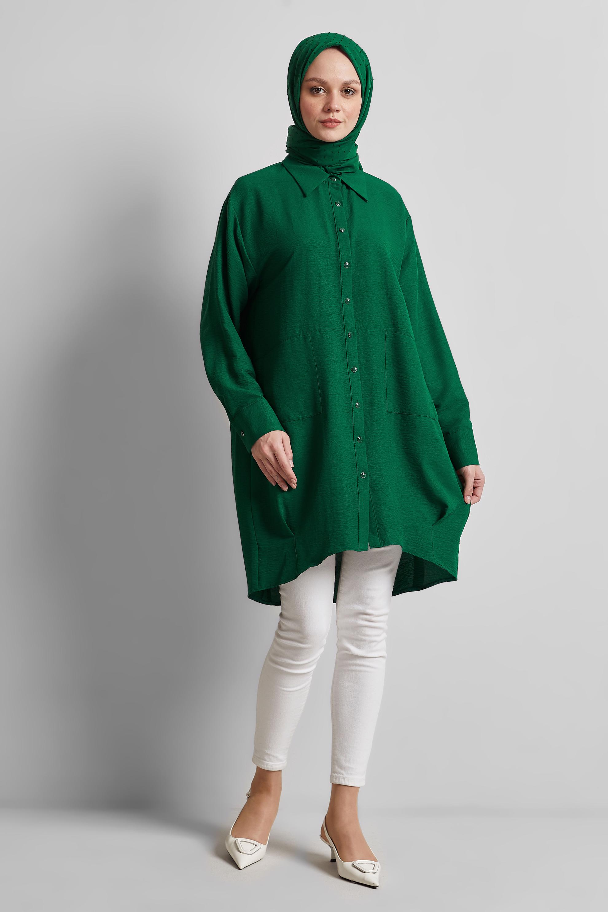 Tesettür giyim YEŞİL GÖMLEK YAKA TUNİK 45325