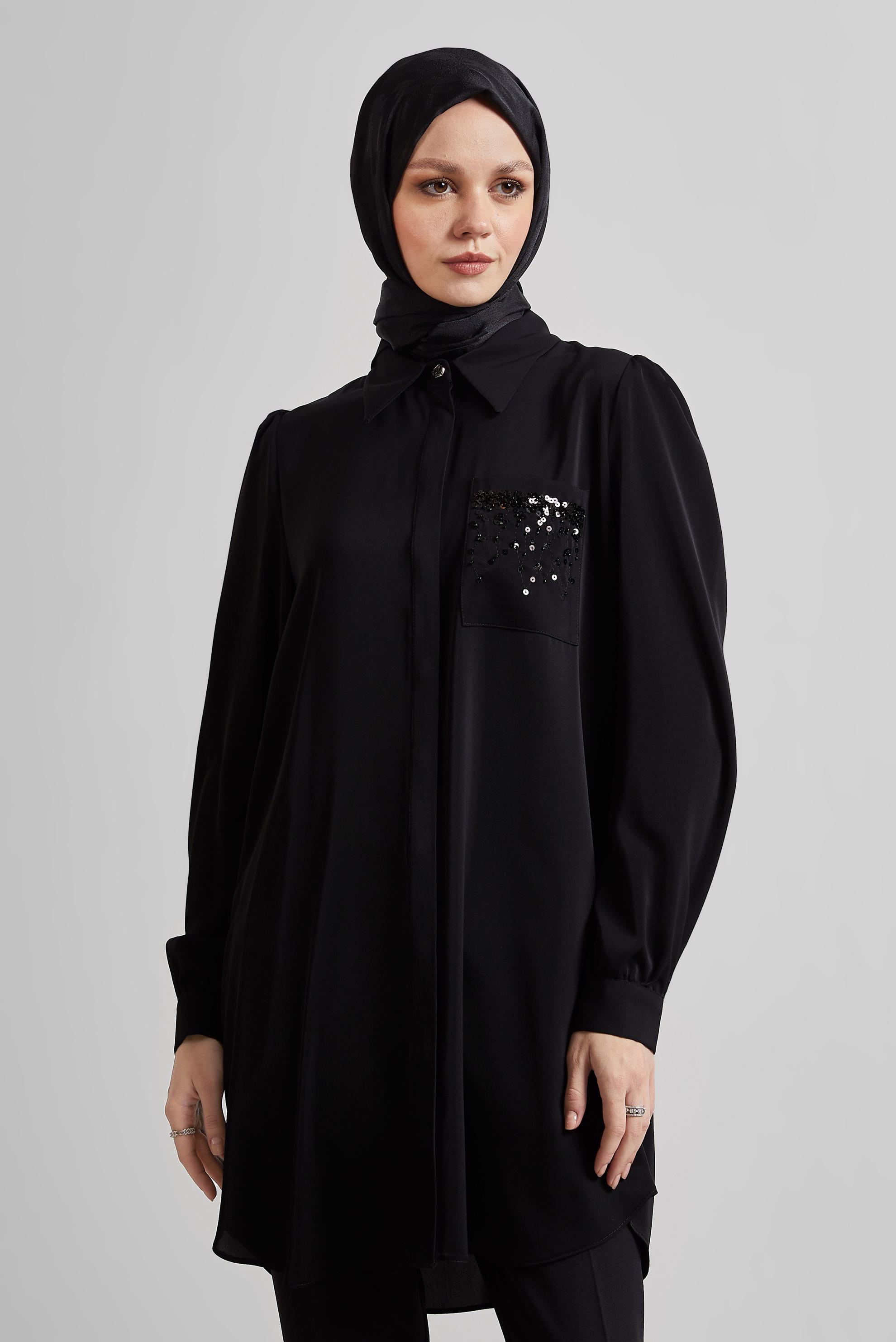 Tesettür giyim SİYAH BONCUK İŞLEMELİ TUNİK 45326