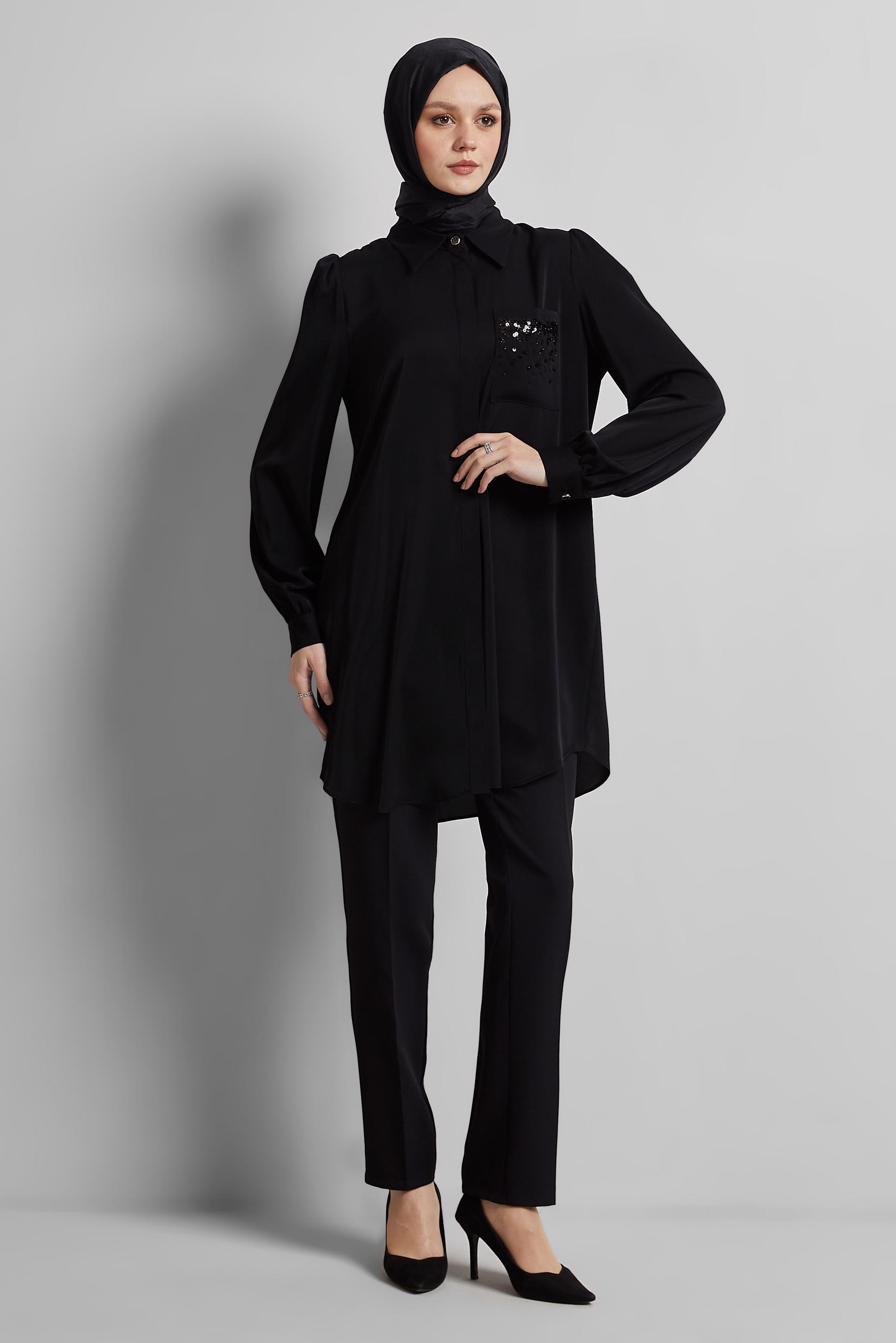 Tesettür giyim SİYAH BONCUK İŞLEMELİ TUNİK 45326