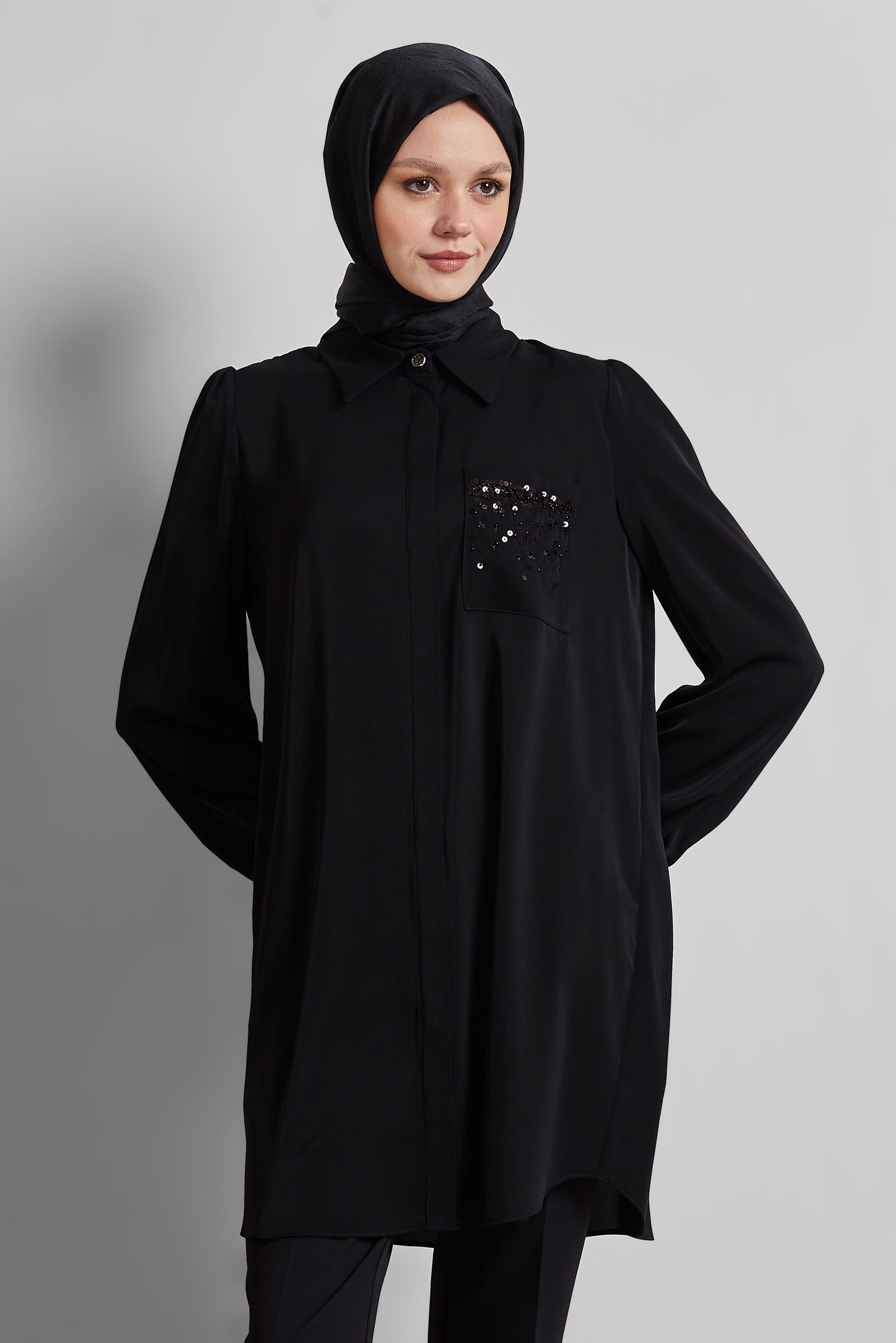 Tesettür giyim SİYAH BONCUK İŞLEMELİ TUNİK 45326
