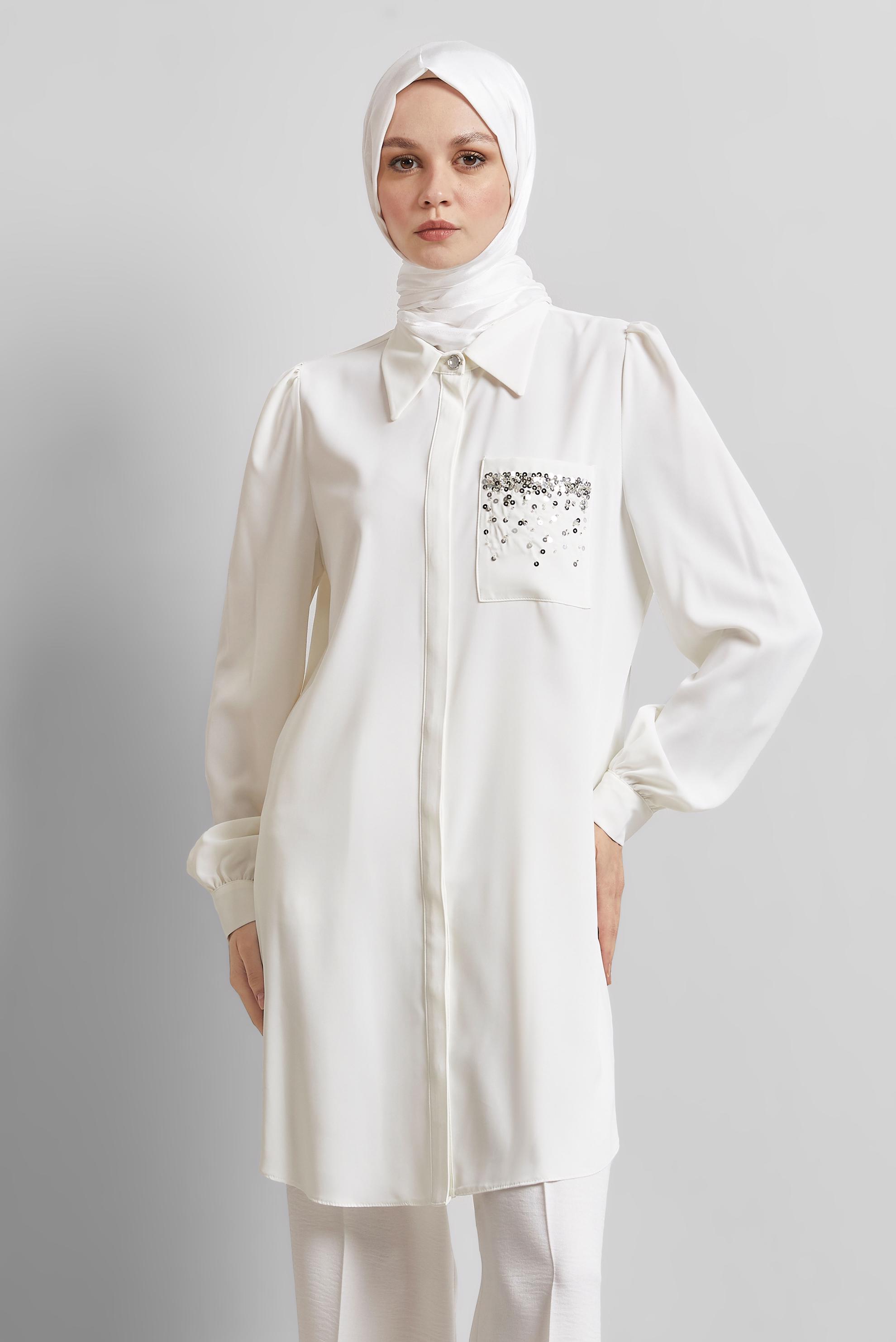 Tesettür giyim BEYAZ BONCUK İŞLEMELİ TUNİK 45326