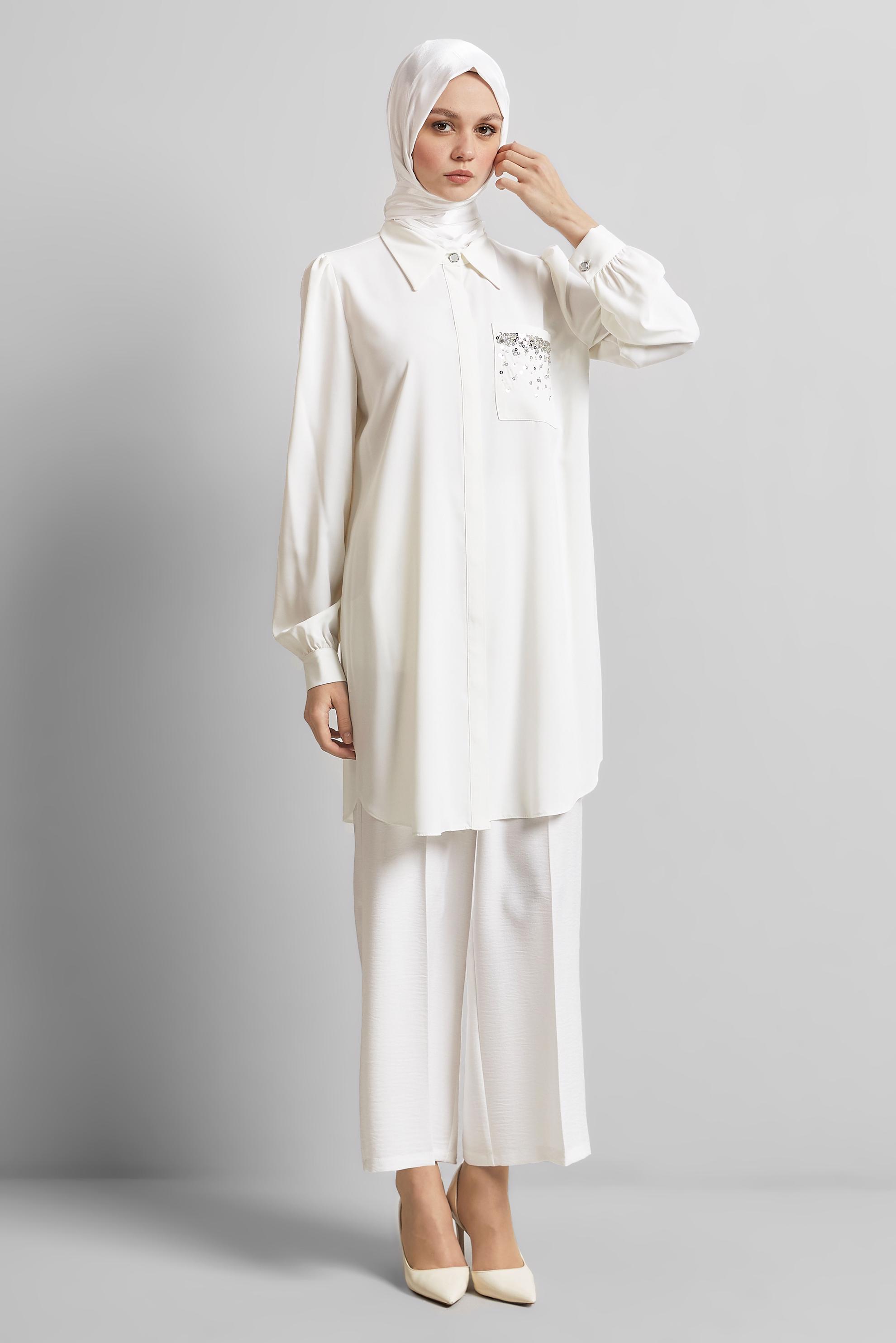 Tesettür giyim BEYAZ BONCUK İŞLEMELİ TUNİK 45326