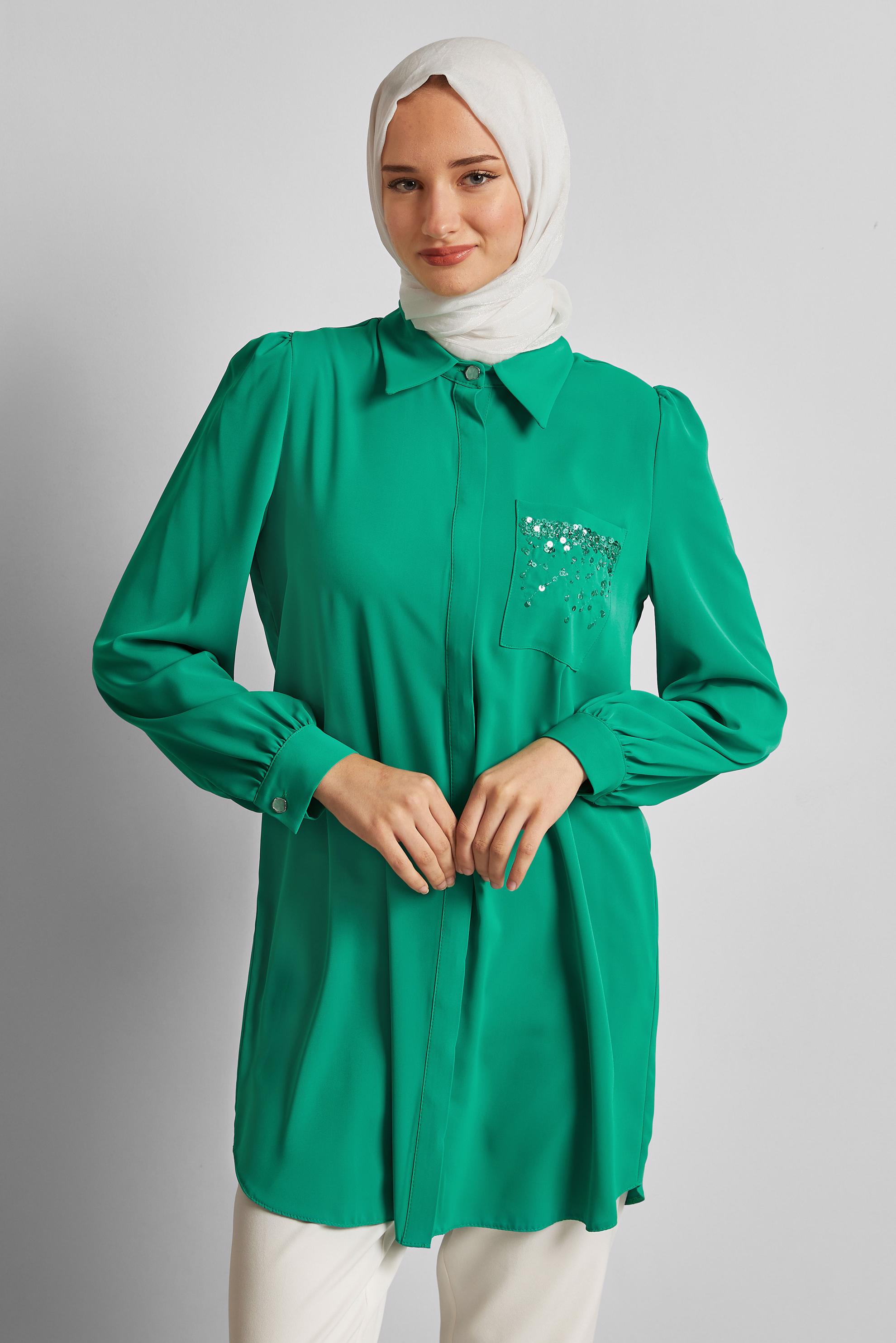 Vêtements hijab BLEU TUNIQUE BRODÉE DE PERLES 45326