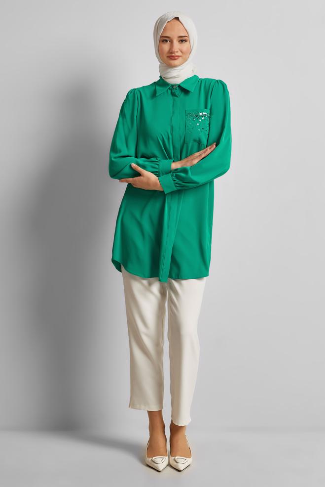 Vêtements hijab BLEU TUNIQUE BRODÉE DE PERLES 45326 - ALVİNA